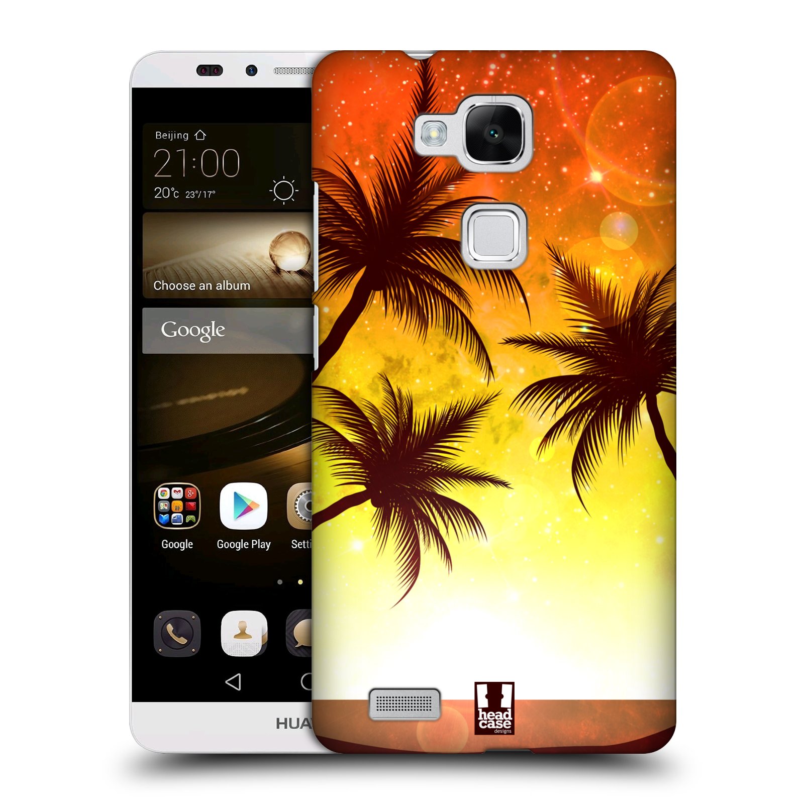 HEAD CASE plastový obal na mobil Huawei Mate 7 vzor Kreslený motiv silueta moře a palmy ORANŽOVÁ