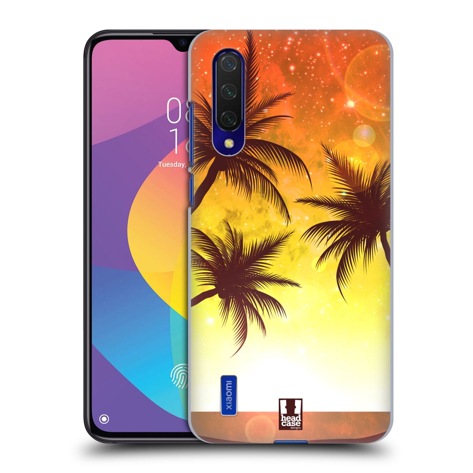 Zadní kryt na mobil Xiaomi MI 9 LITE vzor Kreslený motiv silueta moře a palmy ORANŽOVÁ