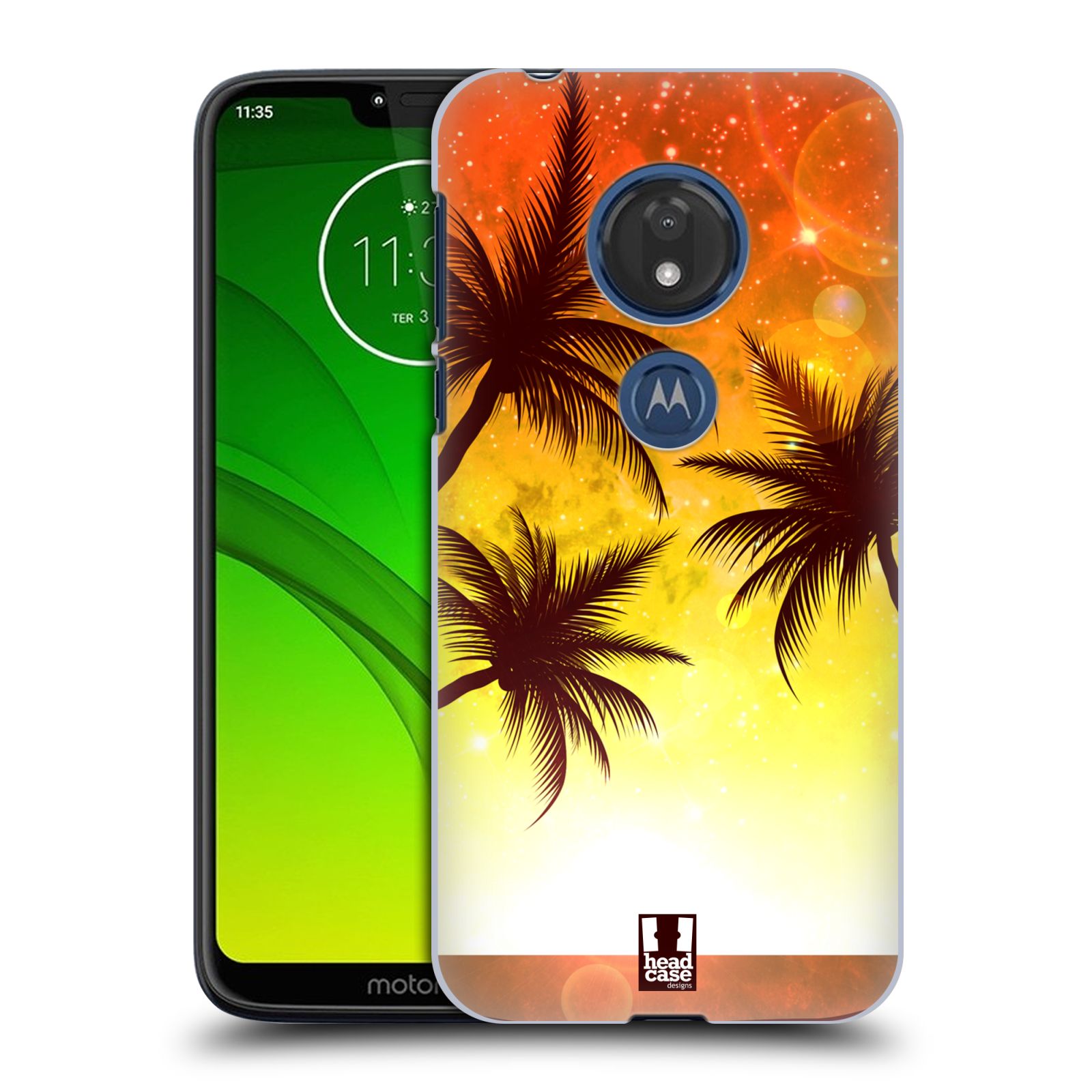 Pouzdro na mobil Motorola Moto G7 Play vzor Kreslený motiv silueta moře a palmy ORANŽOVÁ