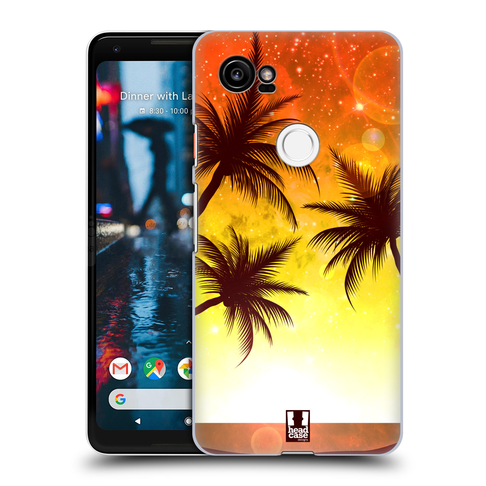 HEAD CASE plastový obal na mobil Google Pixel 2 XL vzor Kreslený motiv silueta moře a palmy ORANŽOVÁ