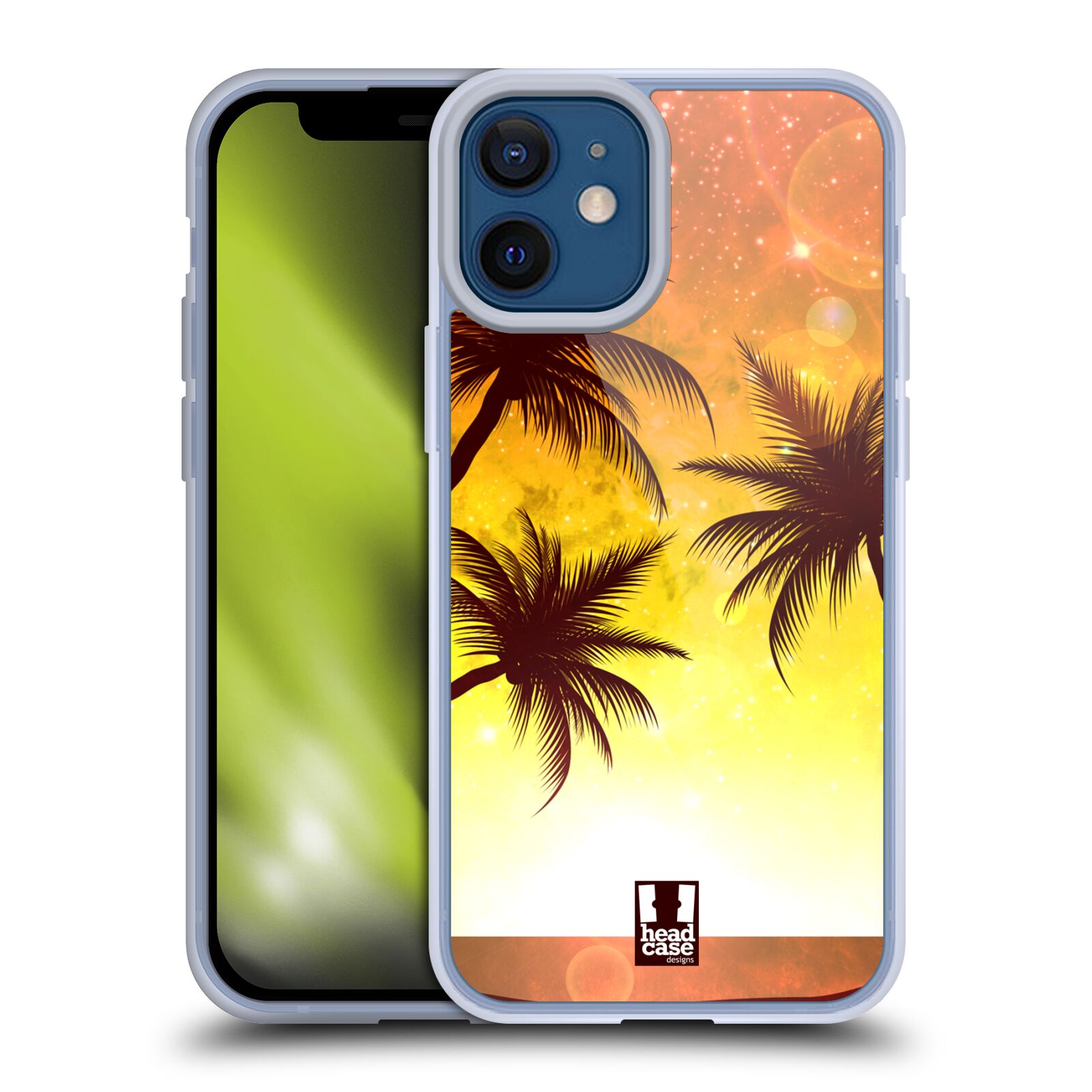 Plastový obal na mobil Apple Iphone 12 MINI vzor Kreslený motiv silueta moře a palmy ORANŽOVÁ