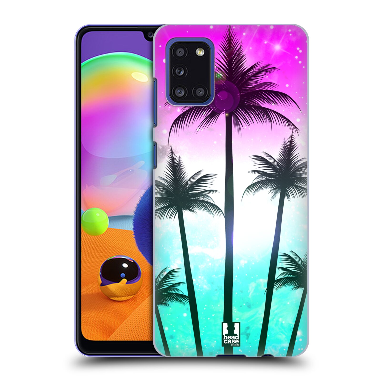 Zadní kryt na mobil Samsung Galaxy A31 vzor Kreslený motiv silueta moře a palmy RŮŽOVÁ A TYRKYS
