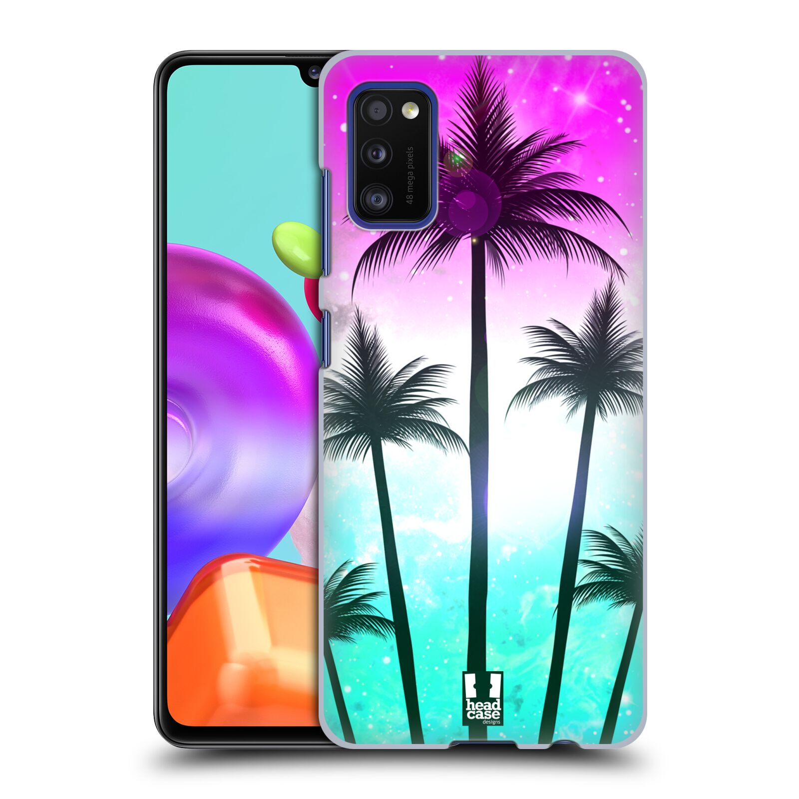 Zadní kryt na mobil Samsung Galaxy A41 vzor Kreslený motiv silueta moře a palmy RŮŽOVÁ A TYRKYS