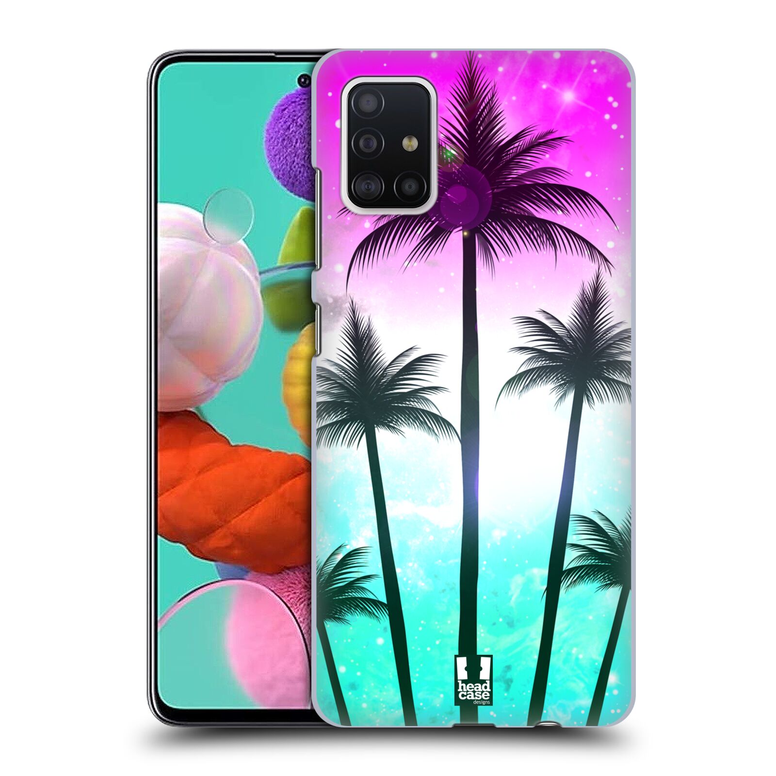 Pouzdro na mobil Samsung Galaxy A51 - HEAD CASE - vzor Kreslený motiv silueta moře a palmy RŮŽOVÁ A TYRKYS