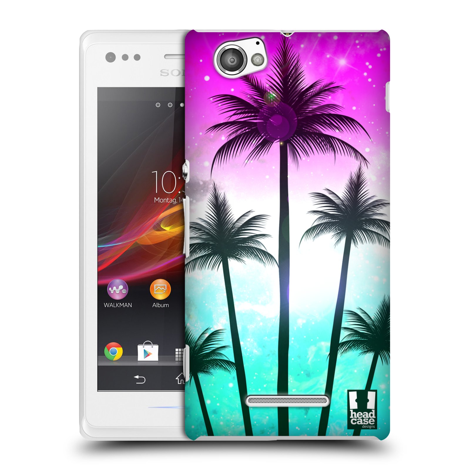HEAD CASE plastový obal na mobil Sony Xperia M vzor Kreslený motiv silueta moře a palmy RŮŽOVÁ A TYRKYS