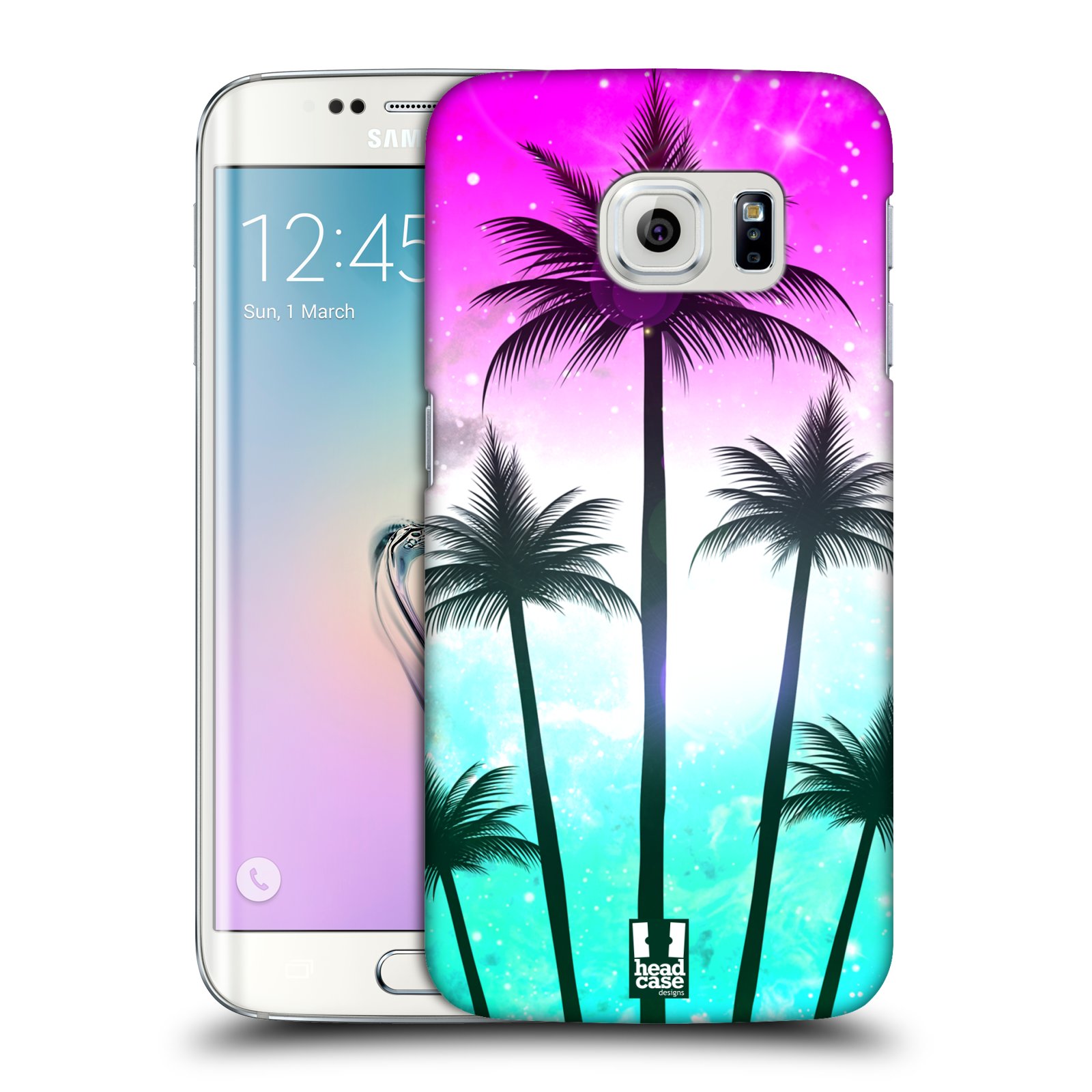 HEAD CASE plastový obal na mobil SAMSUNG Galaxy S6 EDGE (G9250, G925, G925F) vzor Kreslený motiv silueta moře a palmy RŮŽOVÁ A TYRKYS