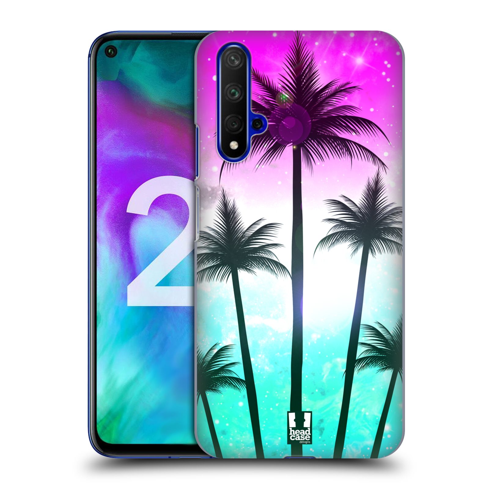 Pouzdro na mobil Honor 20 - HEAD CASE - vzor Kreslený motiv silueta moře a palmy RŮŽOVÁ A TYRKYS
