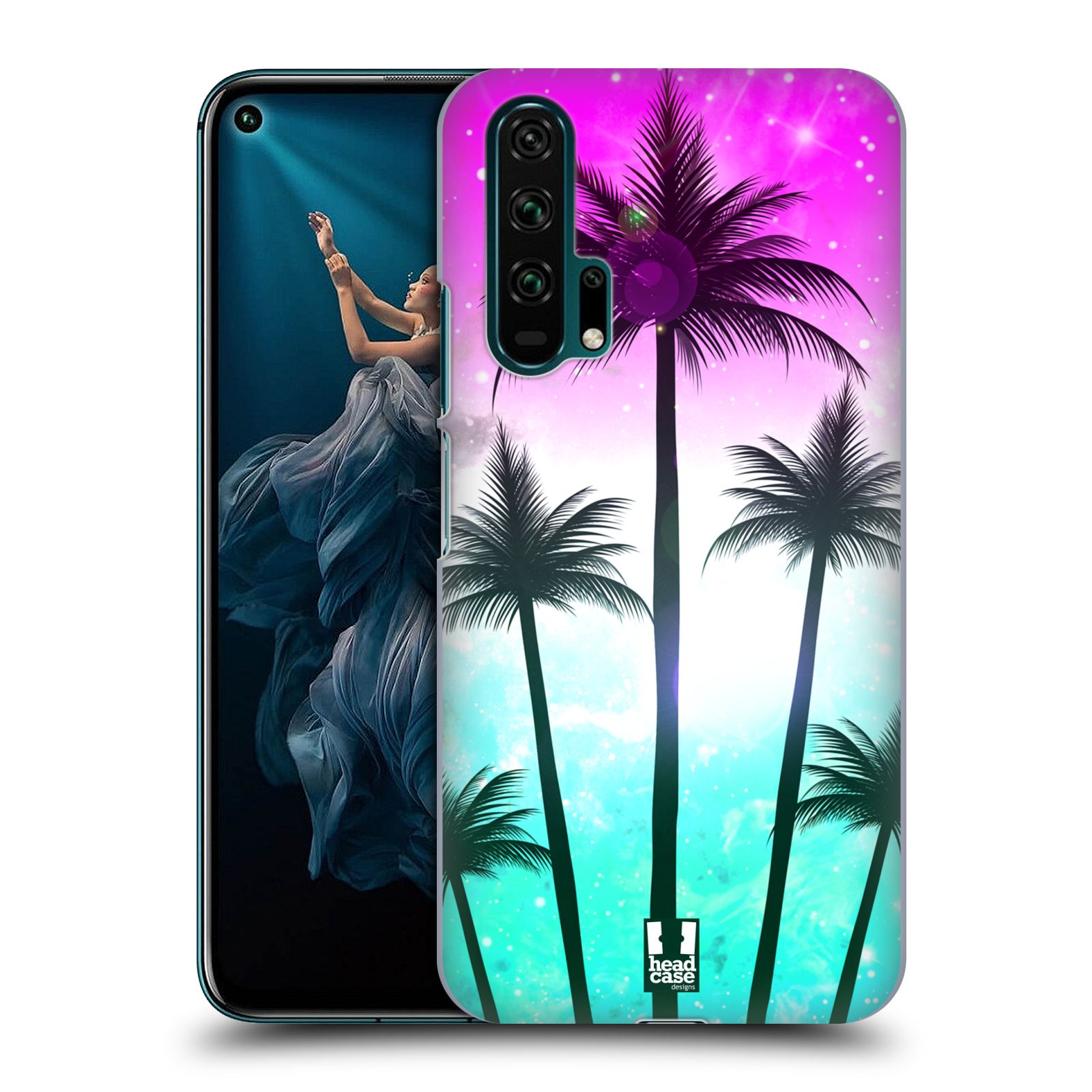 Pouzdro na mobil Honor 20 PRO - HEAD CASE - vzor Kreslený motiv silueta moře a palmy RŮŽOVÁ A TYRKYS