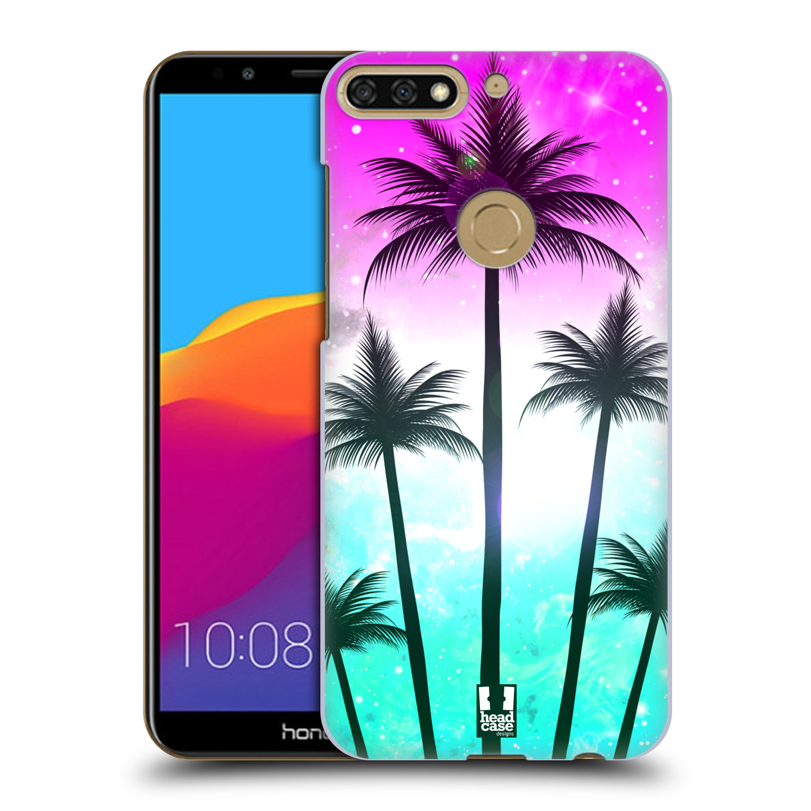 HEAD CASE plastový obal na mobil Honor 7c vzor Kreslený motiv silueta moře a palmy RŮŽOVÁ A TYRKYS