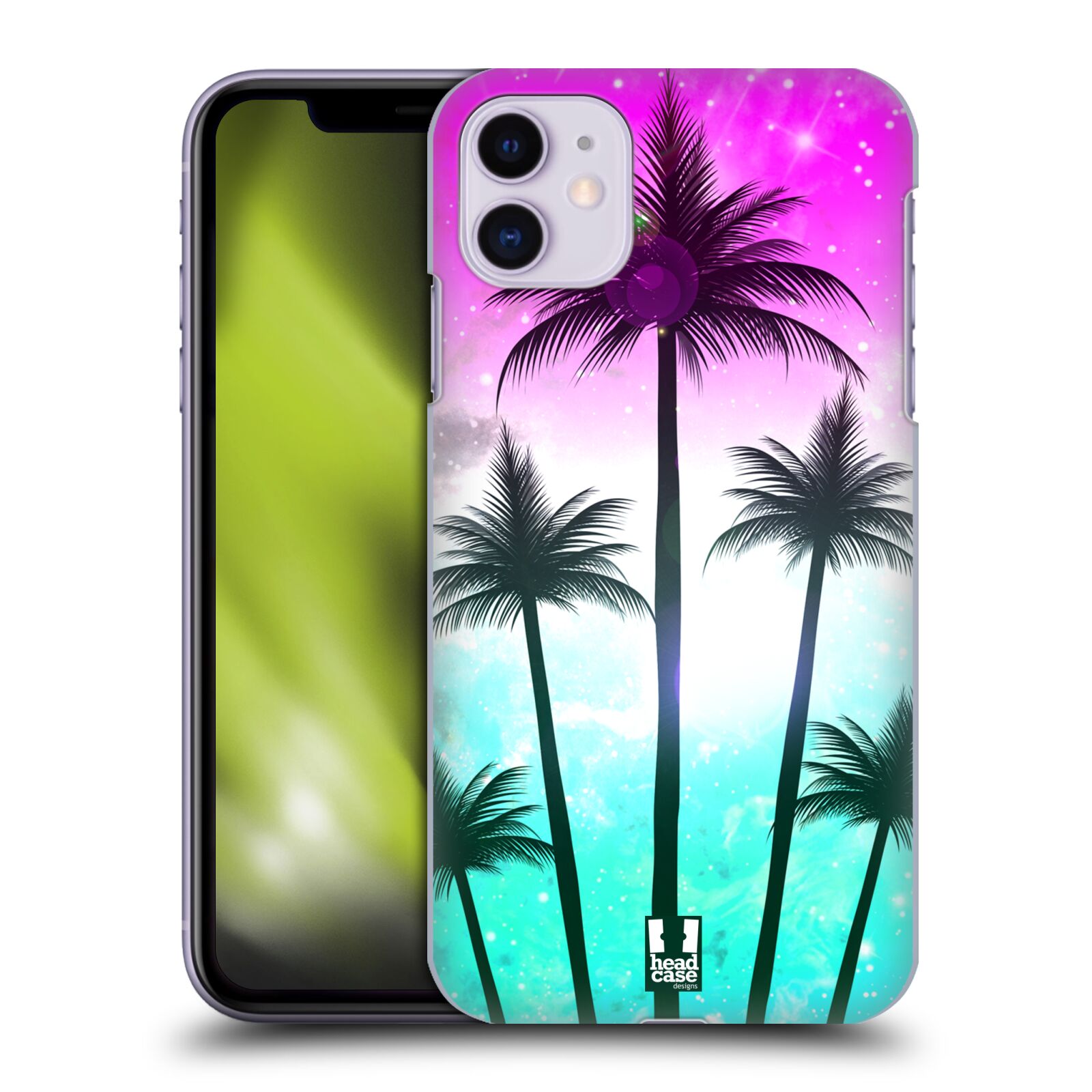 Pouzdro na mobil Apple Iphone 11 - HEAD CASE - vzor Kreslený motiv silueta moře a palmy RŮŽOVÁ A TYRKYS