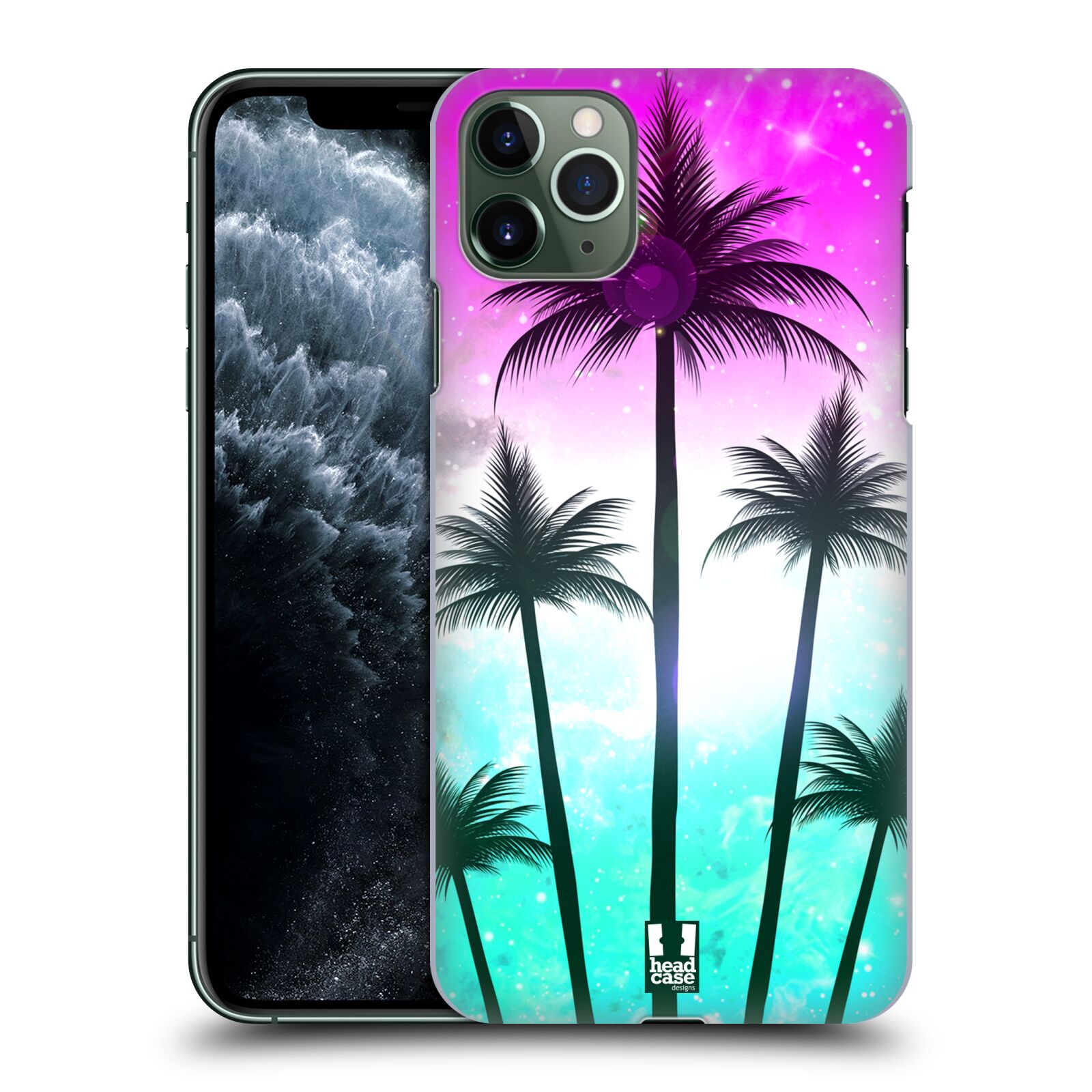 Pouzdro na mobil Apple Iphone 11 PRO MAX - HEAD CASE - vzor Kreslený motiv silueta moře a palmy RŮŽOVÁ A TYRKYS