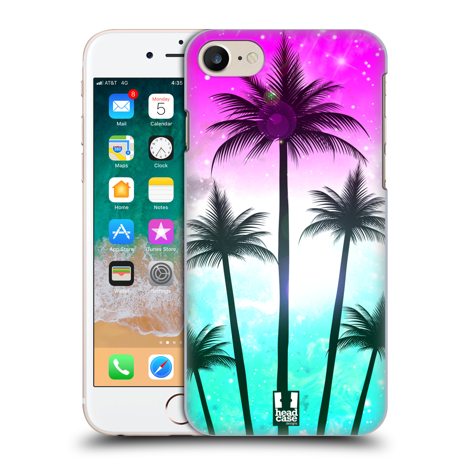 HEAD CASE plastový obal na mobil Apple Iphone 7 vzor Kreslený motiv silueta moře a palmy RŮŽOVÁ A TYRKYS