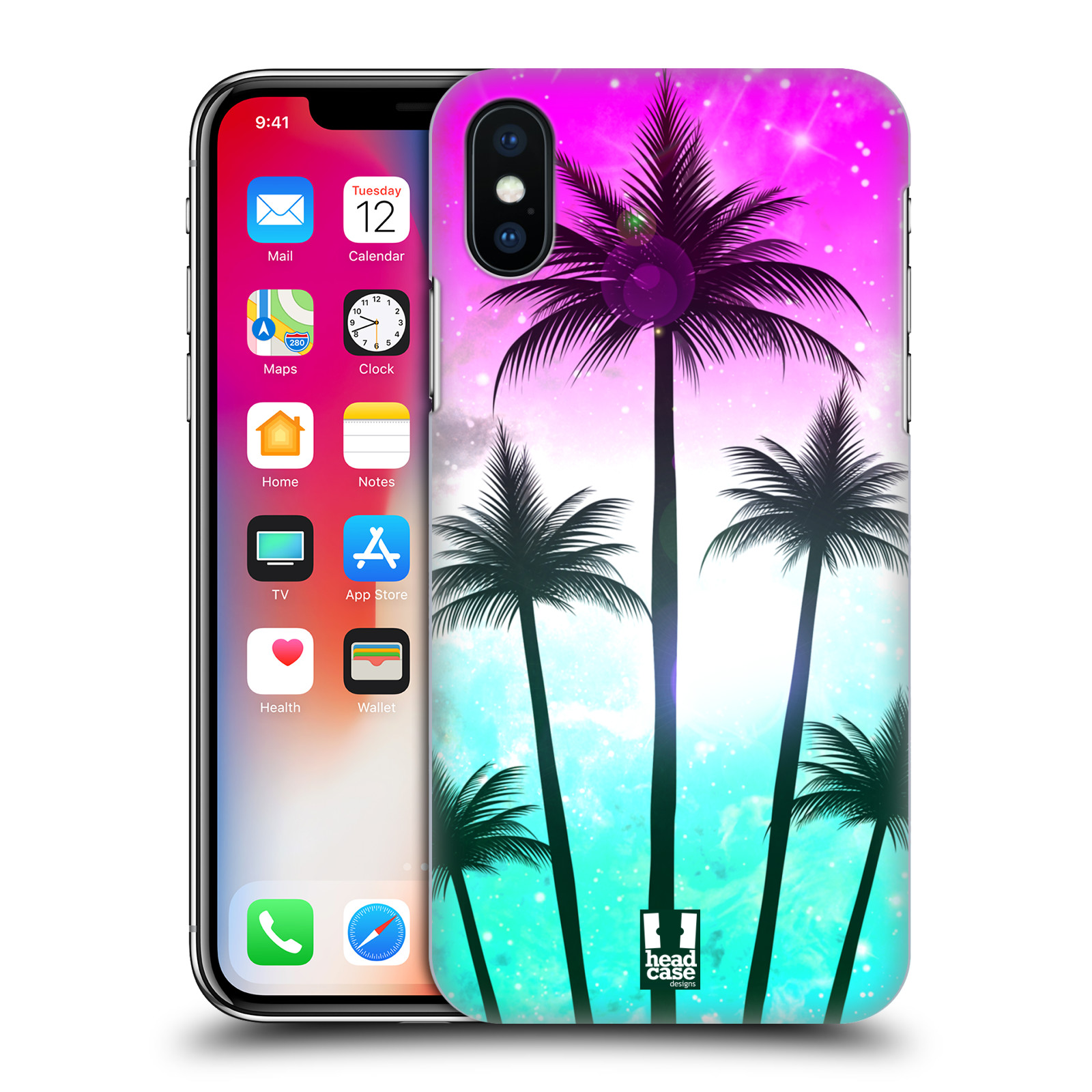 HEAD CASE plastový obal na mobil Apple Iphone X / XS vzor Kreslený motiv silueta moře a palmy RŮŽOVÁ A TYRKYS