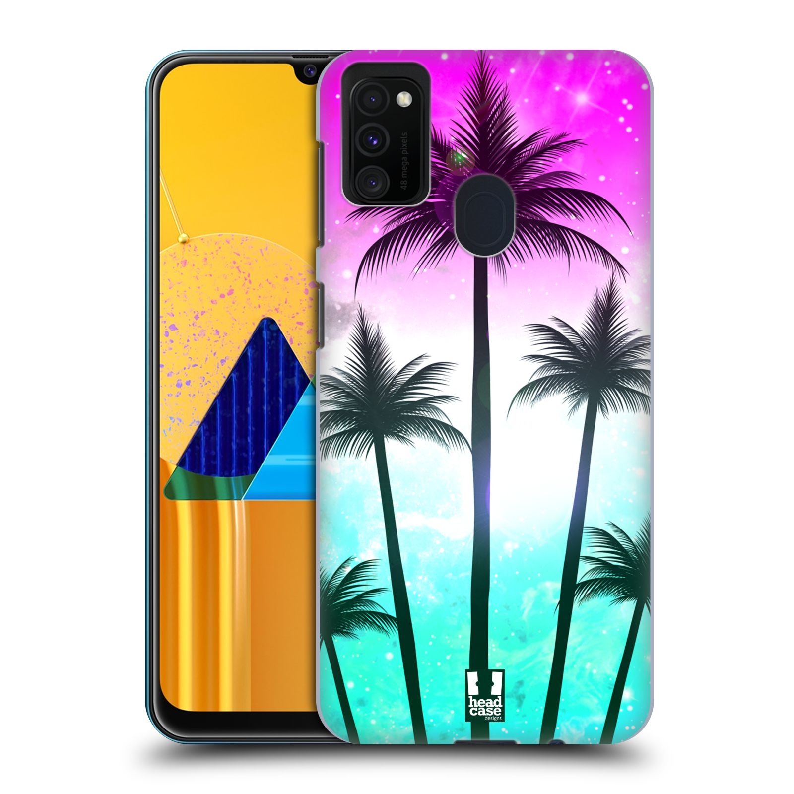 Zadní kryt na mobil Samsung Galaxy M21 vzor Kreslený motiv silueta moře a palmy RŮŽOVÁ A TYRKYS