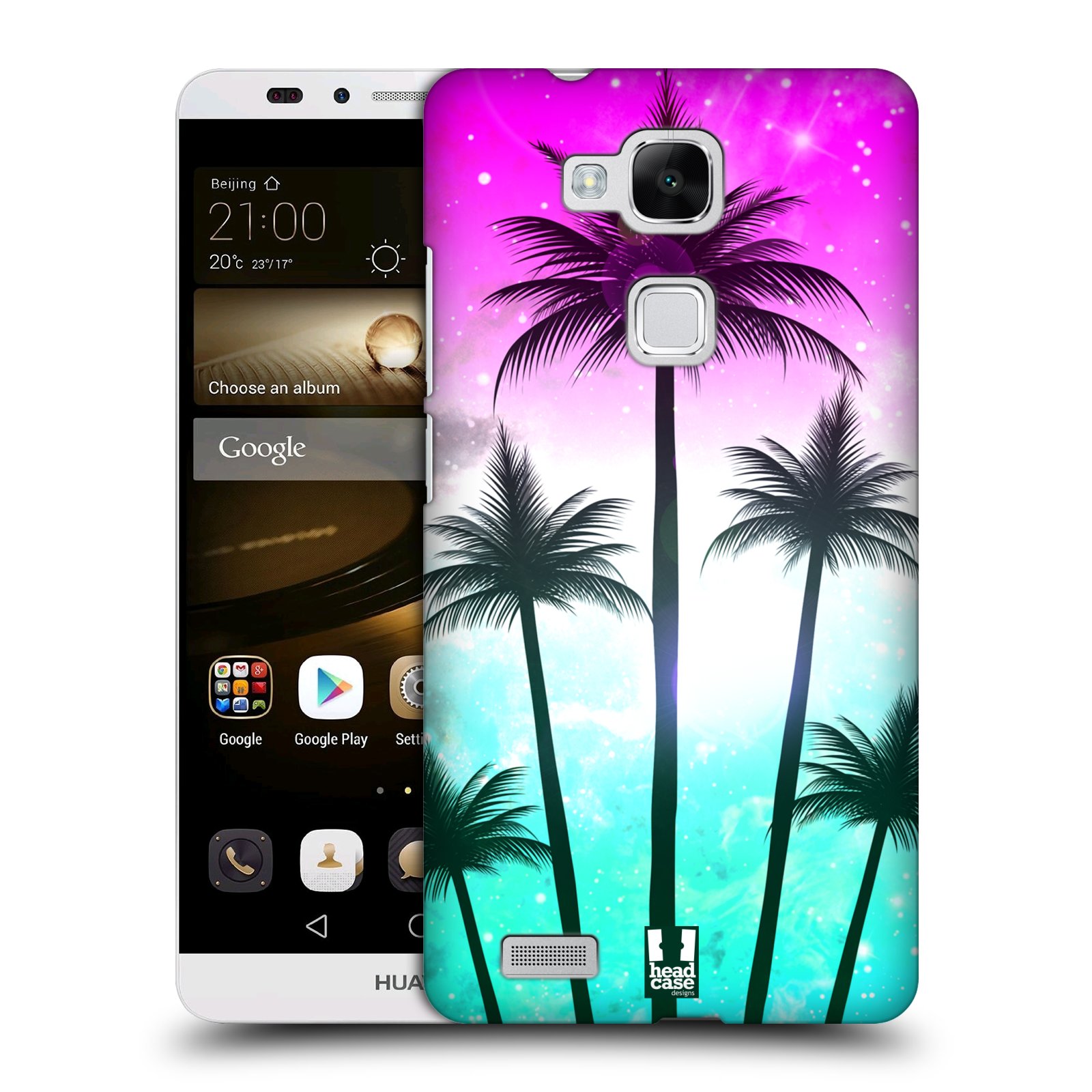 HEAD CASE plastový obal na mobil Huawei Mate 7 vzor Kreslený motiv silueta moře a palmy RŮŽOVÁ A TYRKYS