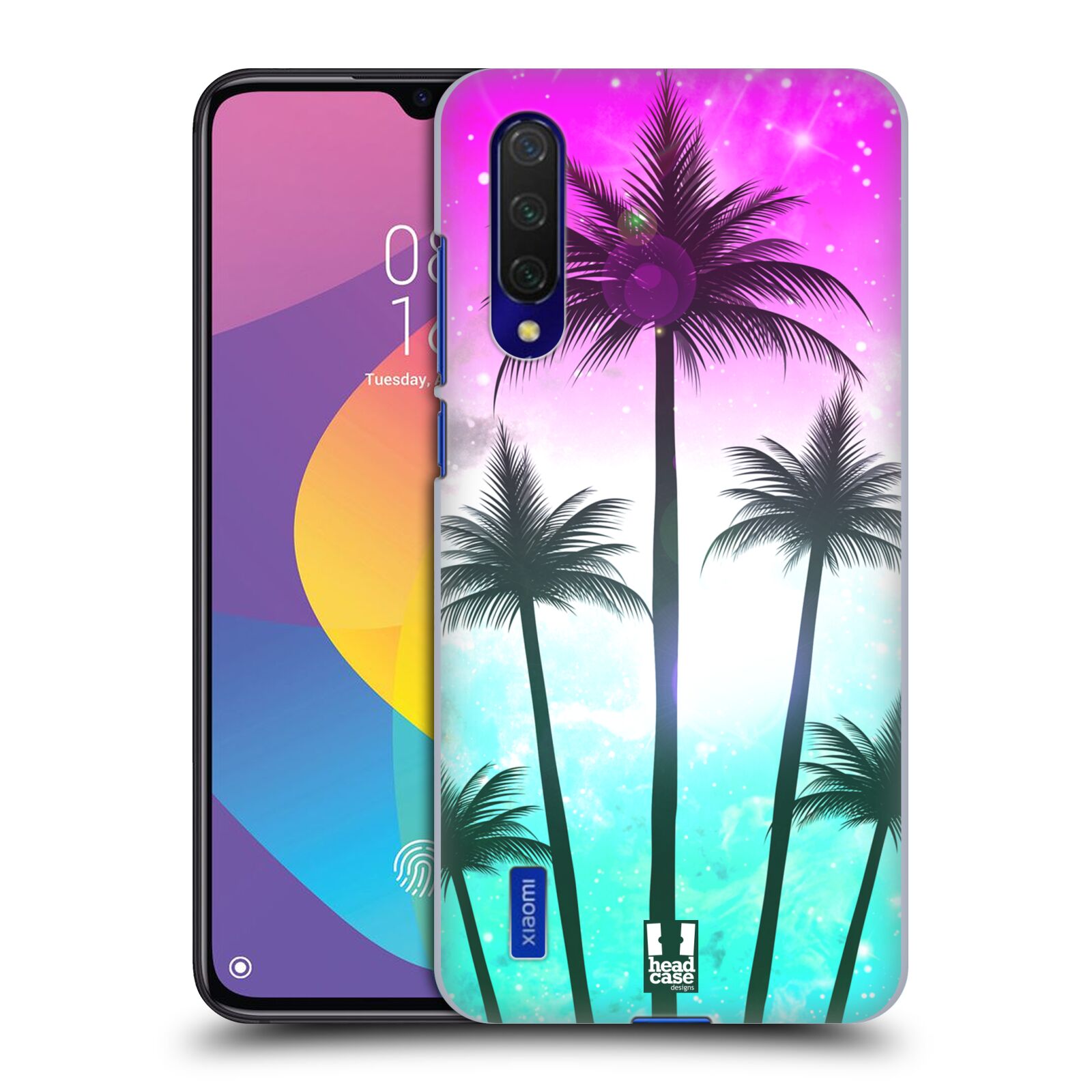 Zadní kryt na mobil Xiaomi MI 9 LITE vzor Kreslený motiv silueta moře a palmy RŮŽOVÁ A TYRKYS