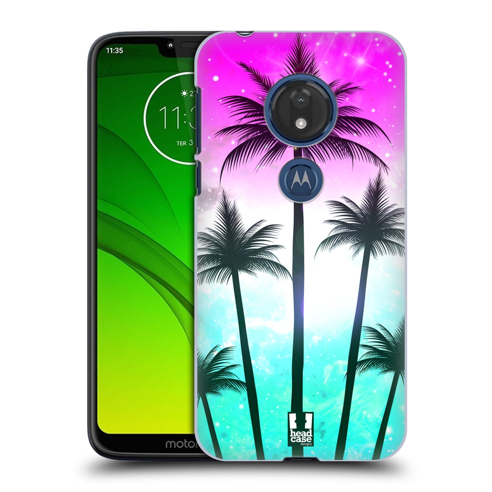 Pouzdro na mobil Motorola Moto G7 Play vzor Kreslený motiv silueta moře a palmy RŮŽOVÁ A TYRKYS