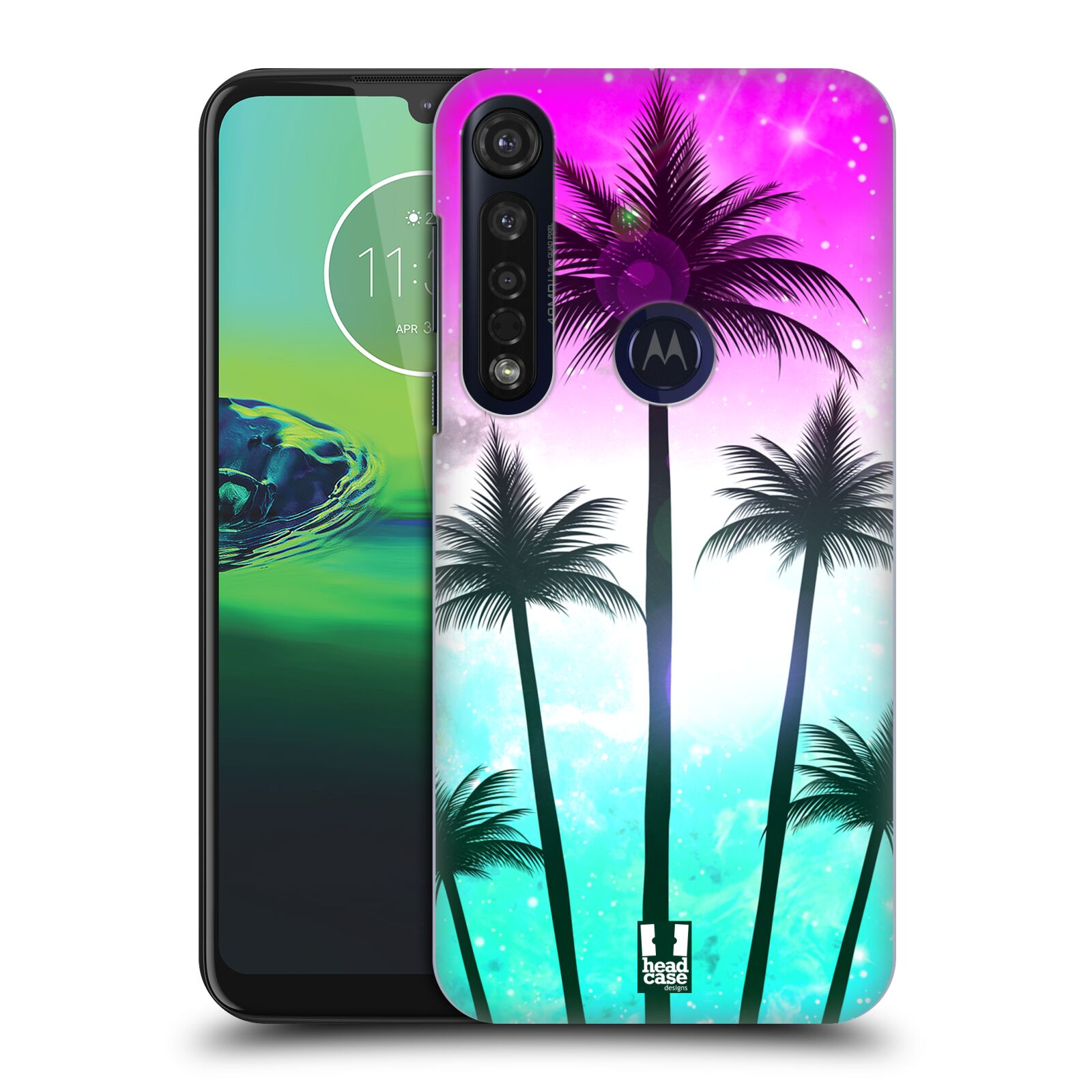 Pouzdro na mobil Motorola Moto G8 PLUS - HEAD CASE - vzor Kreslený motiv silueta moře a palmy RŮŽOVÁ A TYRKYS