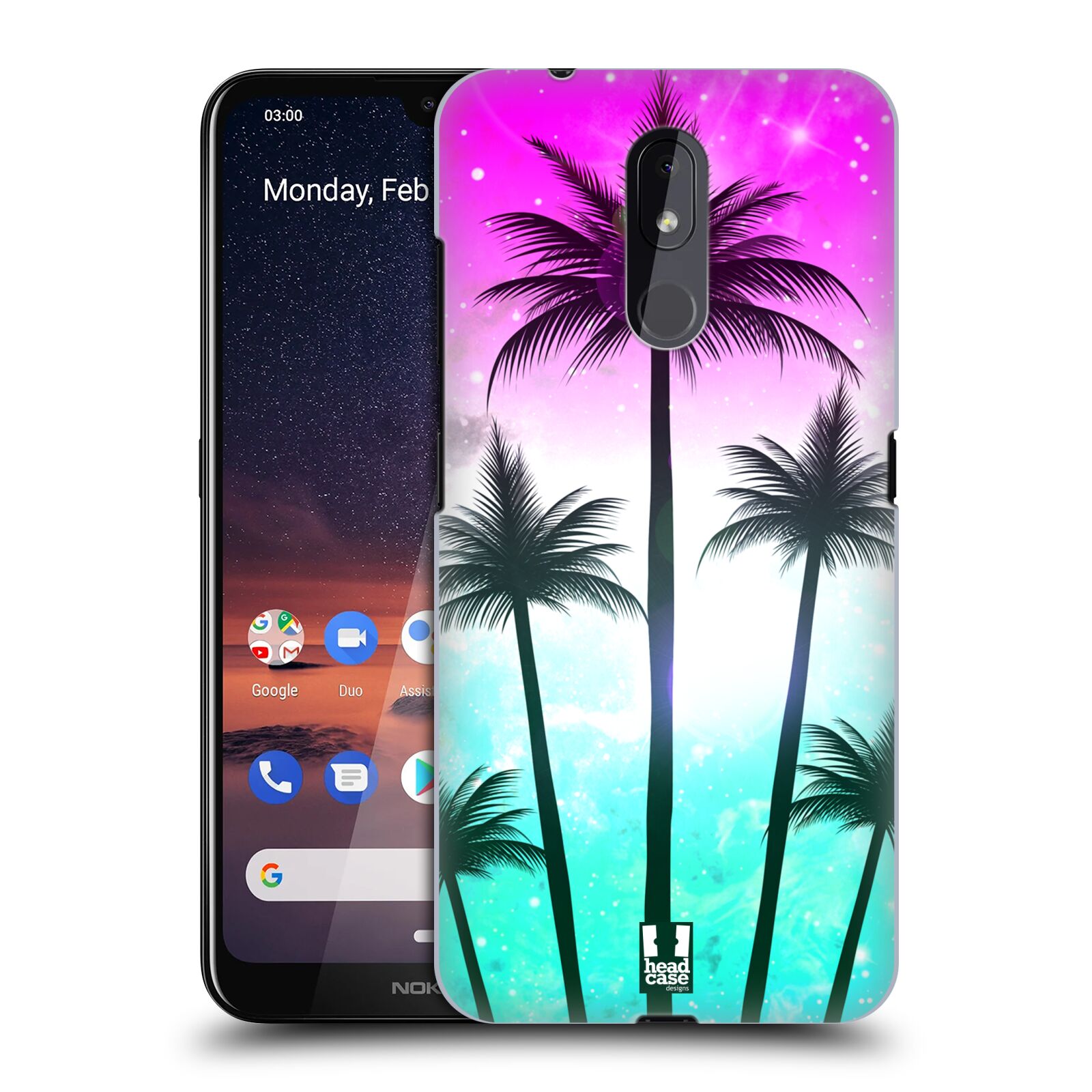 Pouzdro na mobil Nokia 3.2 - HEAD CASE - vzor Kreslený motiv silueta moře a palmy RŮŽOVÁ A TYRKYS