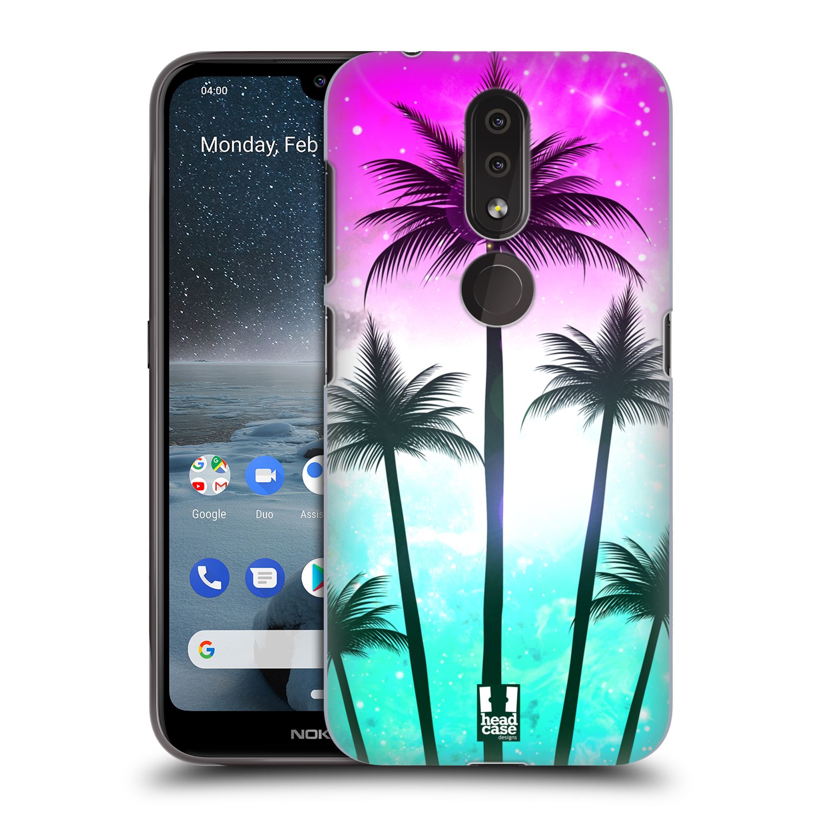 Pouzdro na mobil Nokia 4.2 - HEAD CASE - vzor Kreslený motiv silueta moře a palmy RŮŽOVÁ A TYRKYS