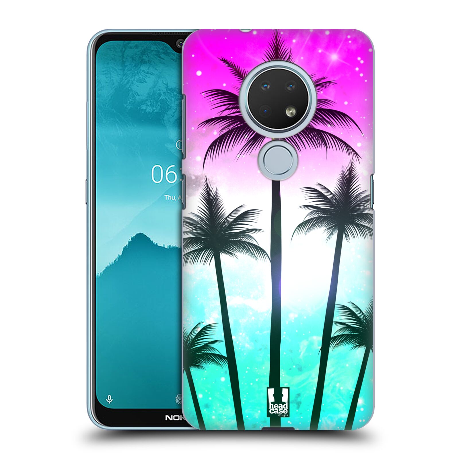 Pouzdro na mobil Nokia 6.2 - HEAD CASE - vzor Kreslený motiv silueta moře a palmy RŮŽOVÁ A TYRKYS