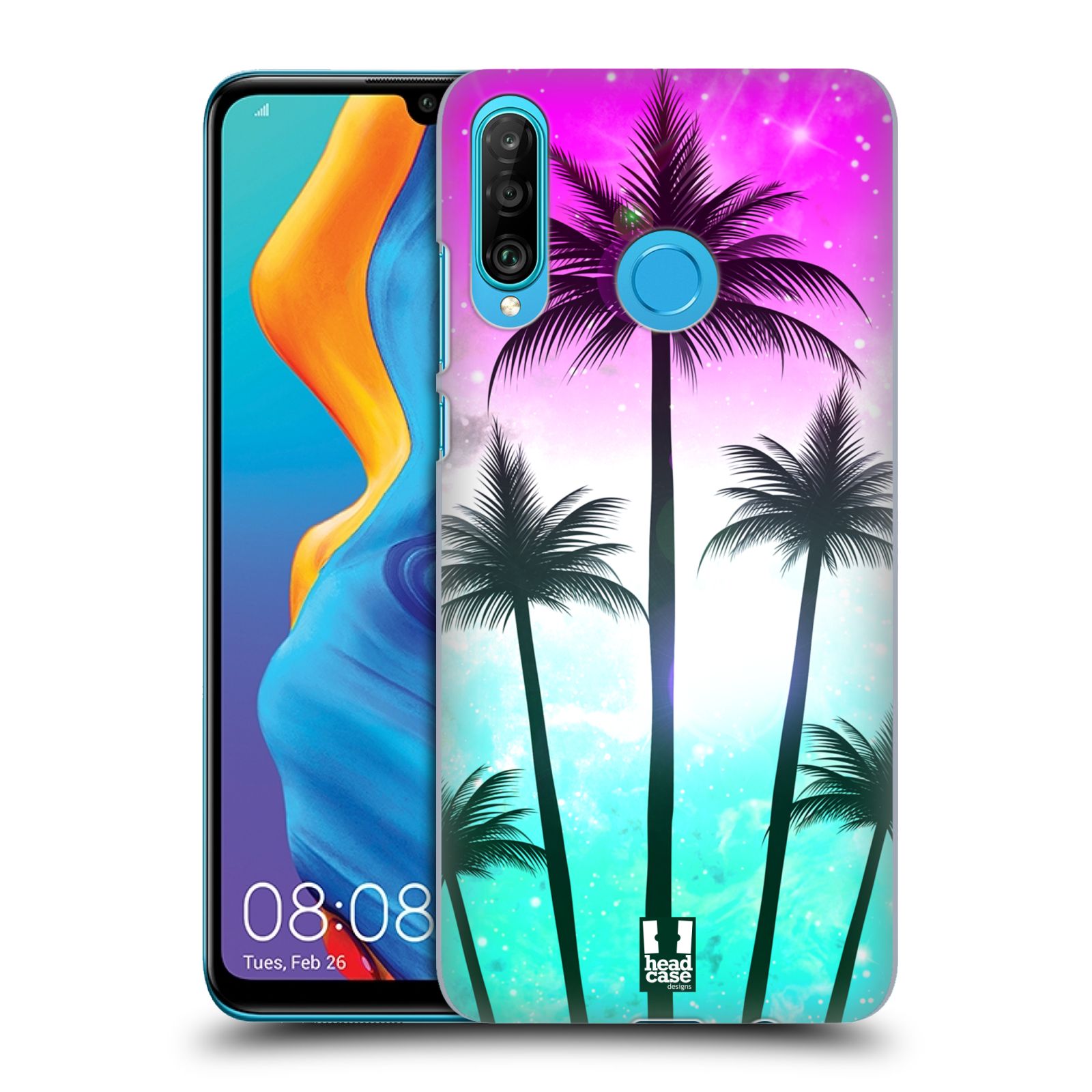 Pouzdro na mobil Huawei P30 LITE - HEAD CASE - vzor Kreslený motiv silueta moře a palmy RŮŽOVÁ A TYRKYS