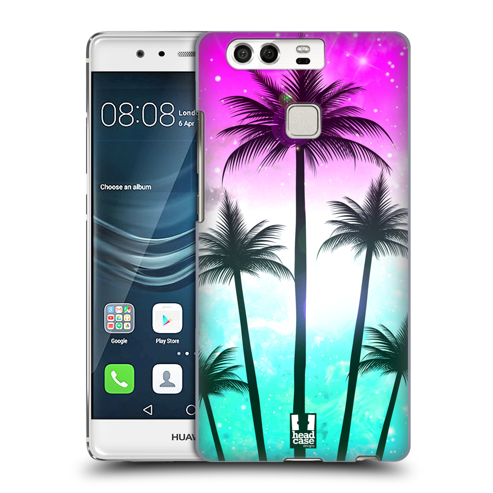 HEAD CASE plastový obal na mobil Huawei P9 / P9 DUAL SIM vzor Kreslený motiv silueta moře a palmy RŮŽOVÁ A TYRKYS