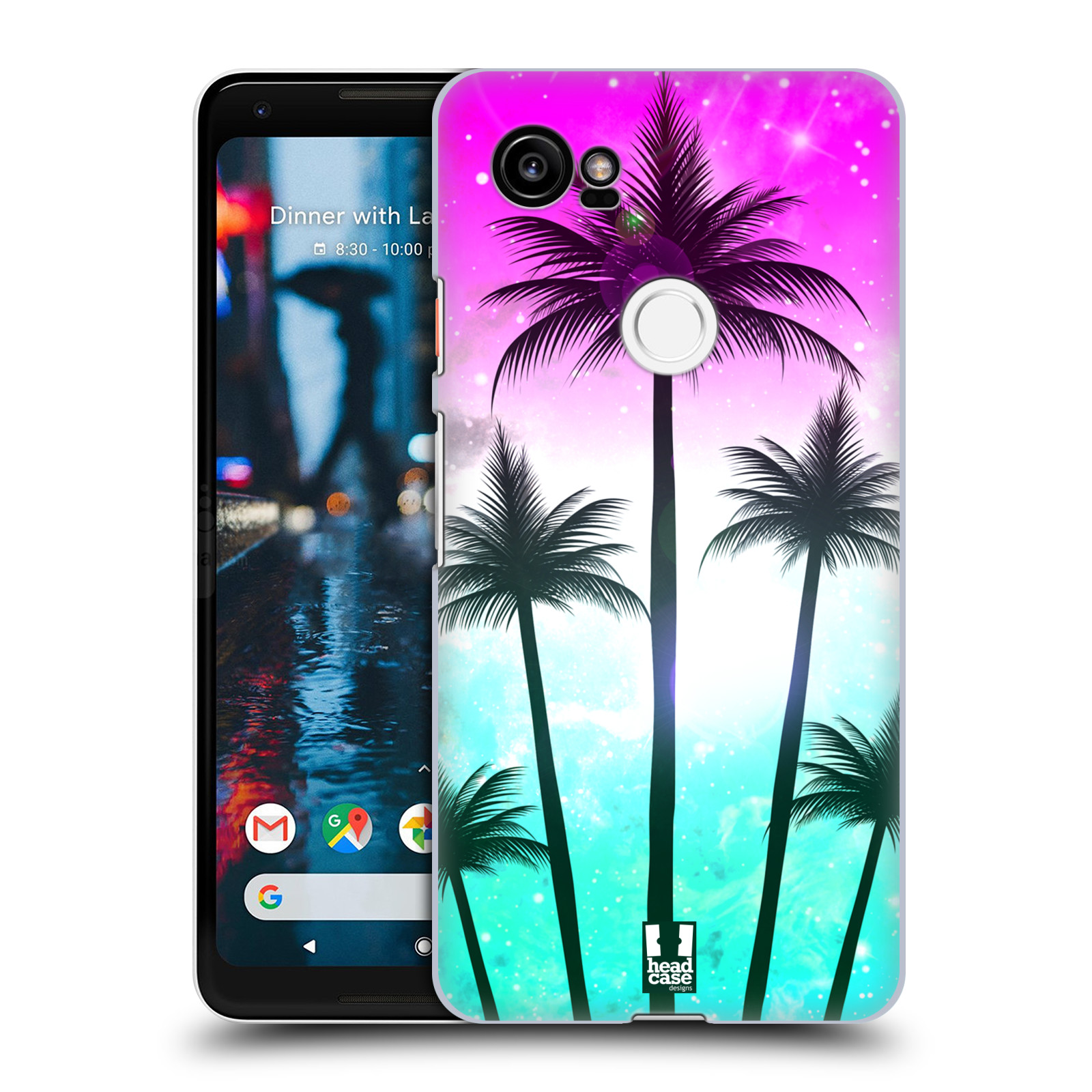 HEAD CASE plastový obal na mobil Google Pixel 2 XL vzor Kreslený motiv silueta moře a palmy RŮŽOVÁ A TYRKYS