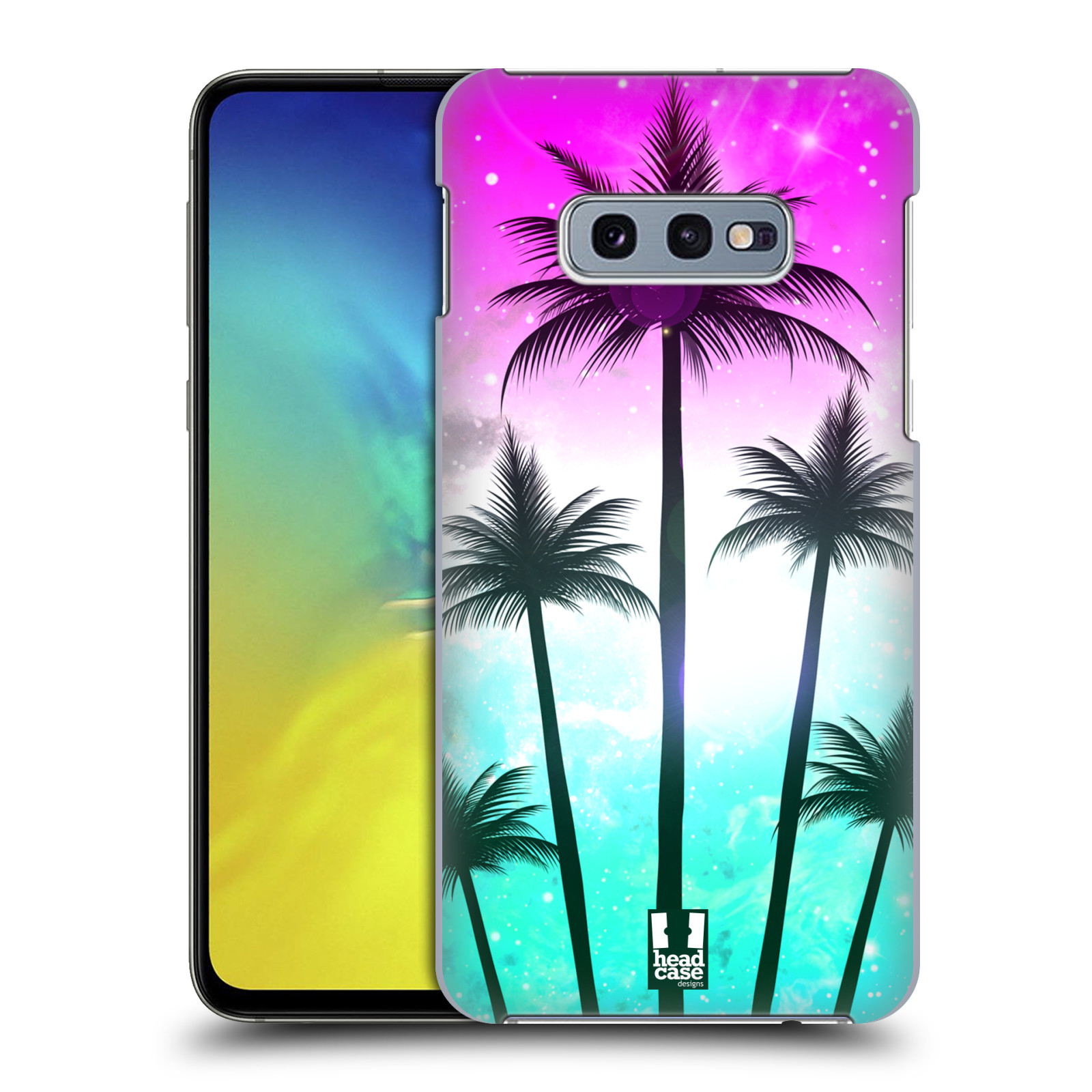 Pouzdro na mobil Samsung Galaxy S10e - HEAD CASE - vzor Kreslený motiv silueta moře a palmy RŮŽOVÁ A TYRKYS