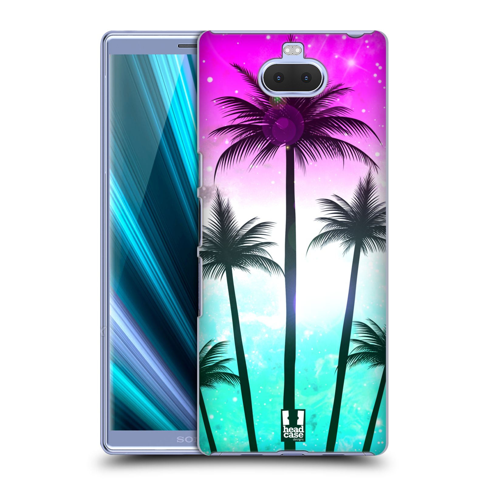 Pouzdro na mobil Sony Xperia 10 - Head Case - vzor Kreslený motiv silueta moře a palmy RŮŽOVÁ A TYRKYS