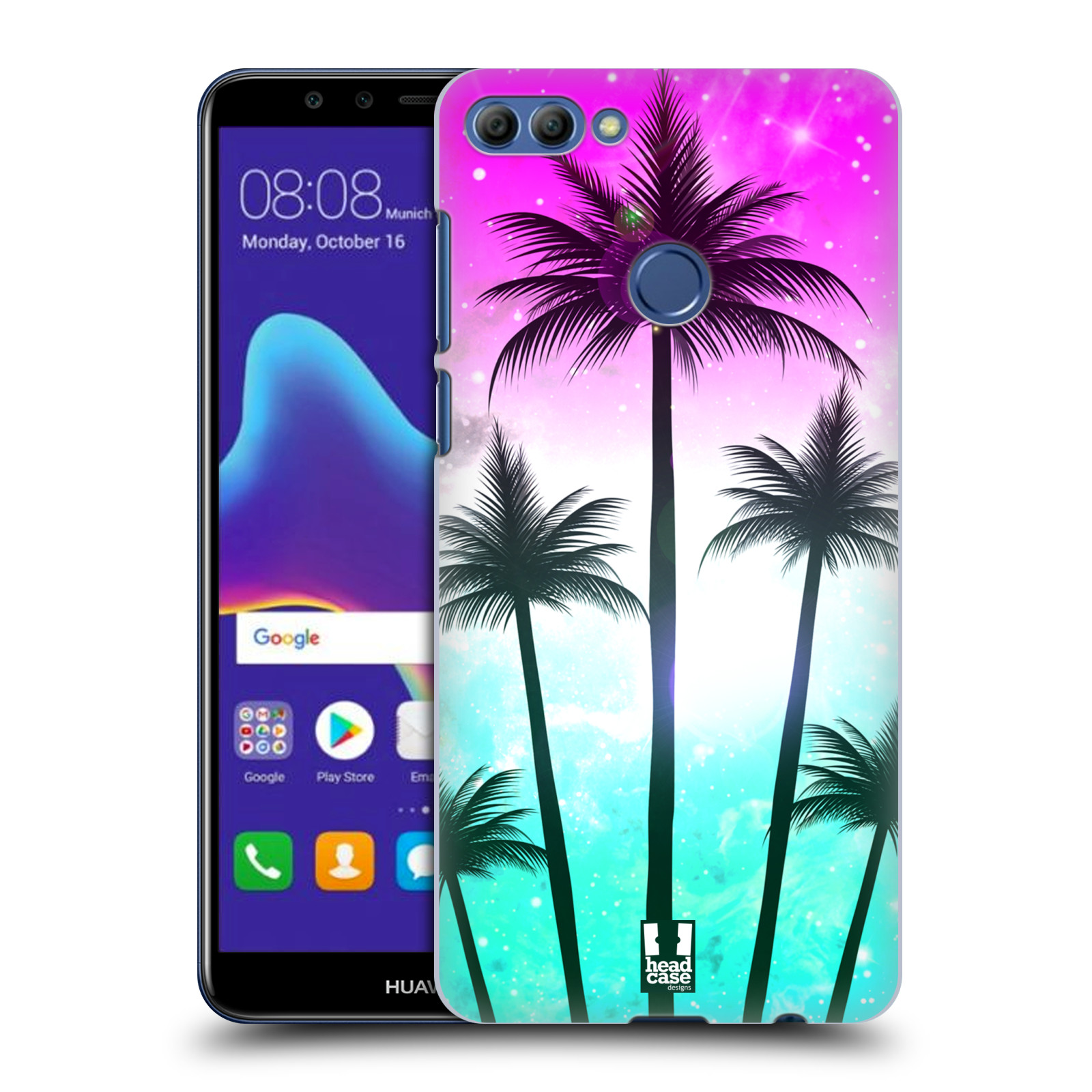 HEAD CASE plastový obal na mobil Huawei Y9 2018 vzor Kreslený motiv silueta moře a palmy RŮŽOVÁ A TYRKYS