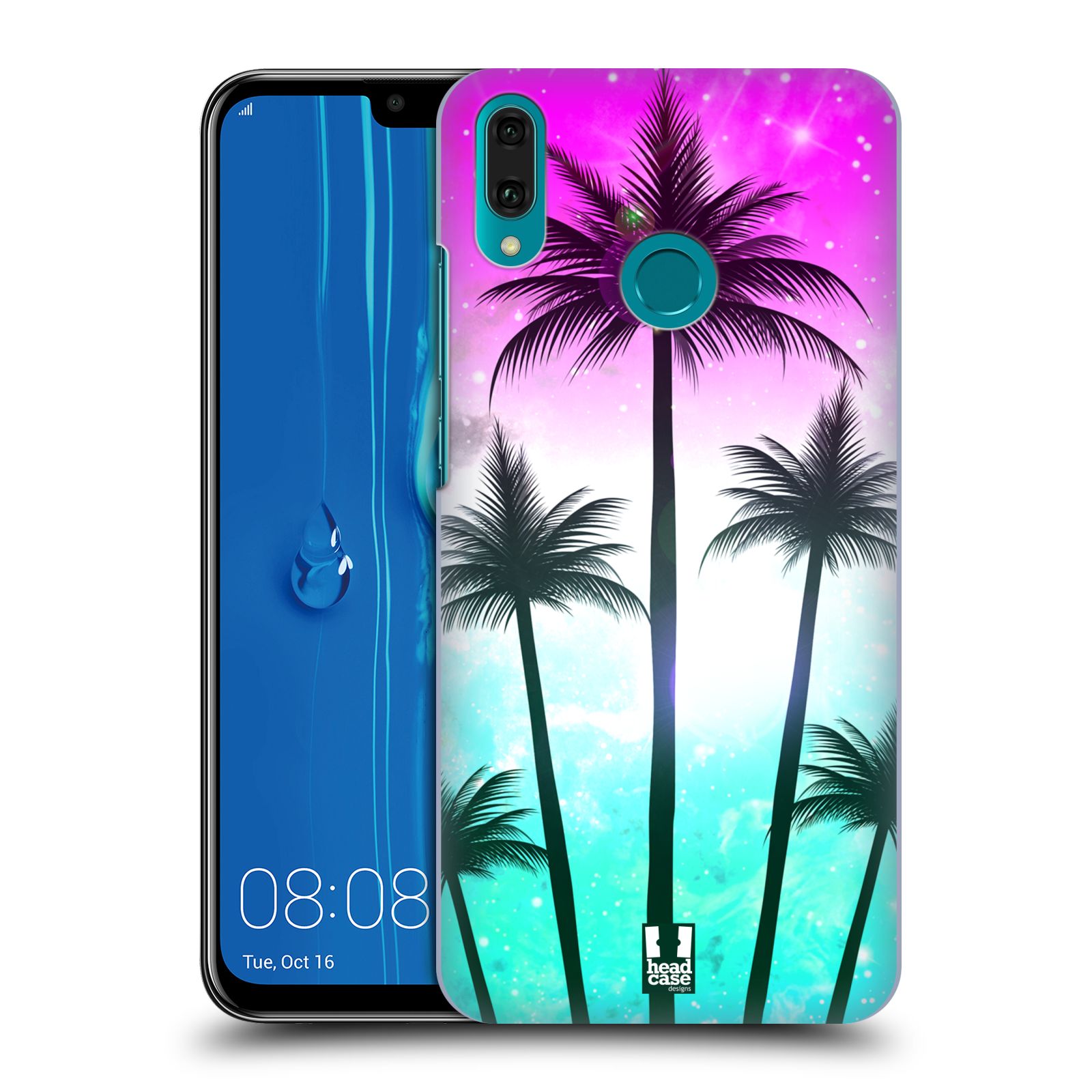 Pouzdro na mobil Huawei Y9 2019 - HEAD CASE - vzor Kreslený motiv silueta moře a palmy RŮŽOVÁ A TYRKYS