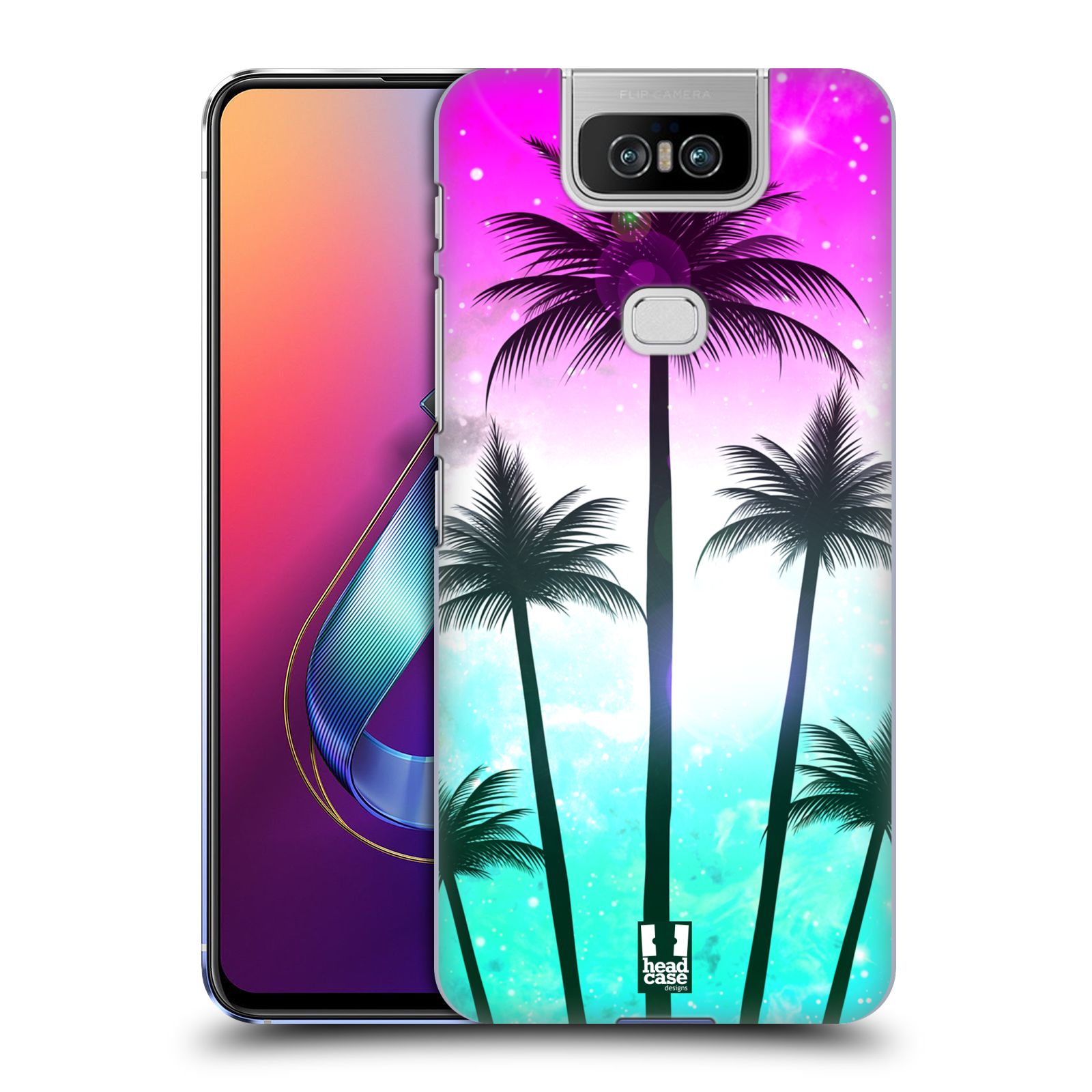 Pouzdro na mobil Asus Zenfone 6 ZS630KL - HEAD CASE - vzor Kreslený motiv silueta moře a palmy RŮŽOVÁ A TYRKYS