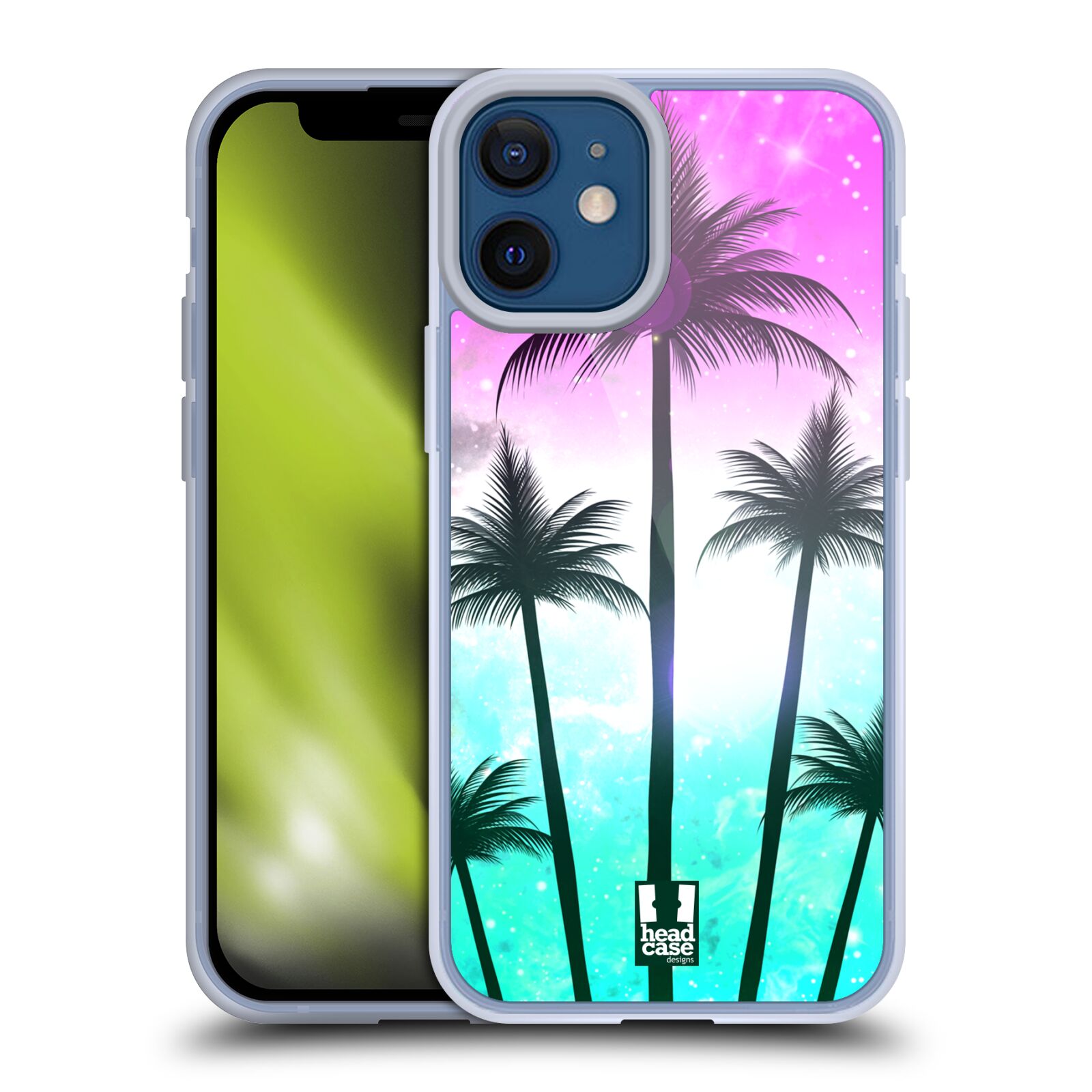 Plastový obal na mobil Apple Iphone 12 MINI vzor Kreslený motiv silueta moře a palmy RŮŽOVÁ A TYRKYS