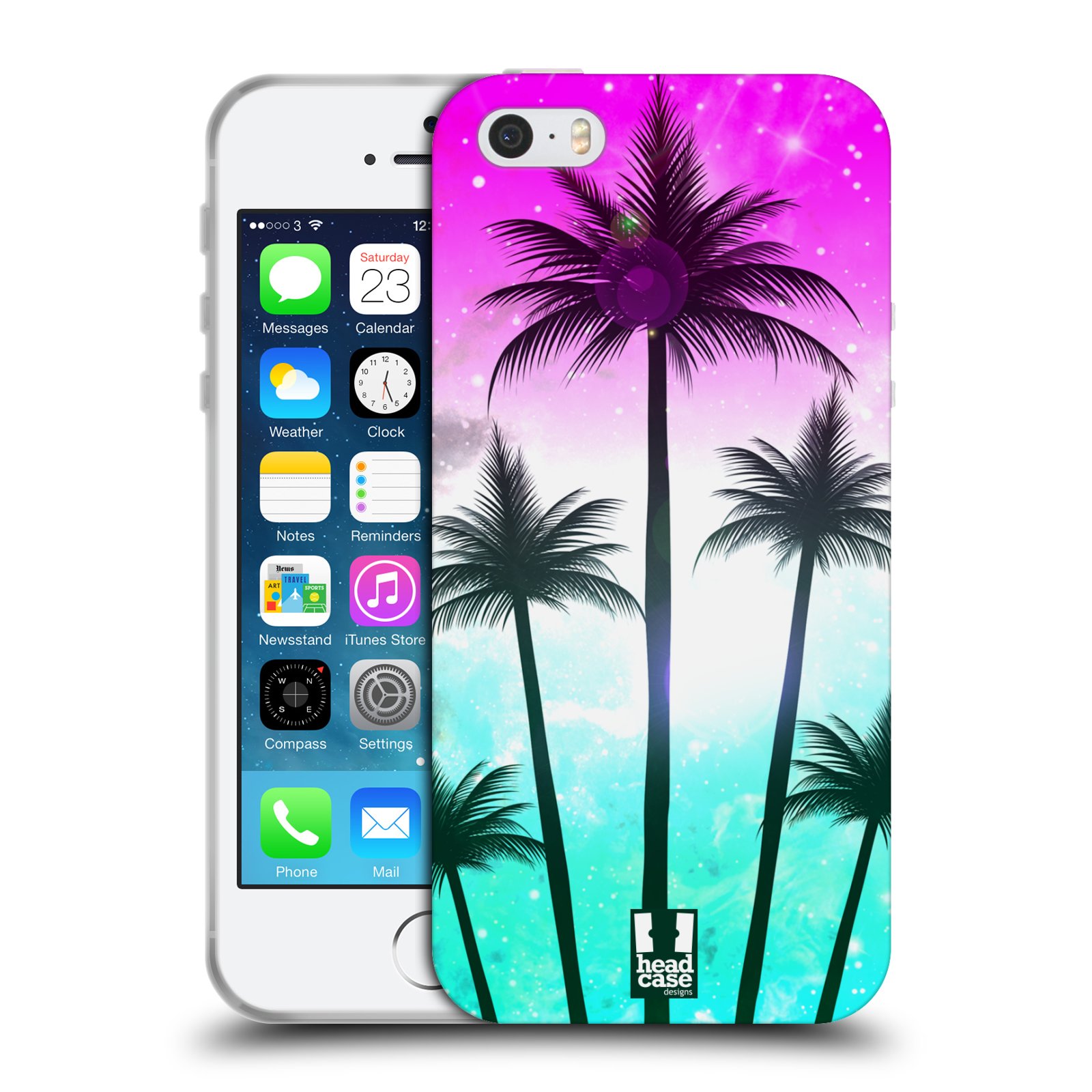 HEAD CASE silikonový obal na mobil Apple Iphone 5/5S vzor Kreslený motiv silueta moře a palmy RŮŽOVÁ A TYRKYS