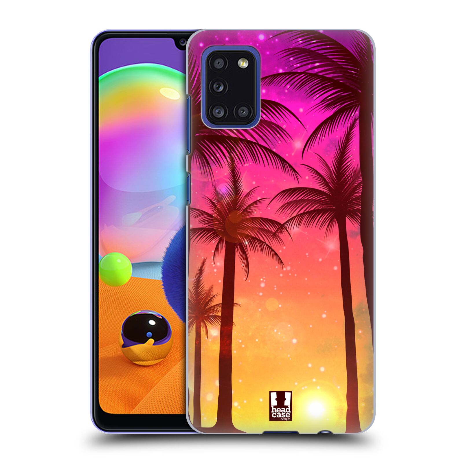 Zadní kryt na mobil Samsung Galaxy A31 vzor Kreslený motiv silueta moře a palmy RŮŽOVÁ
