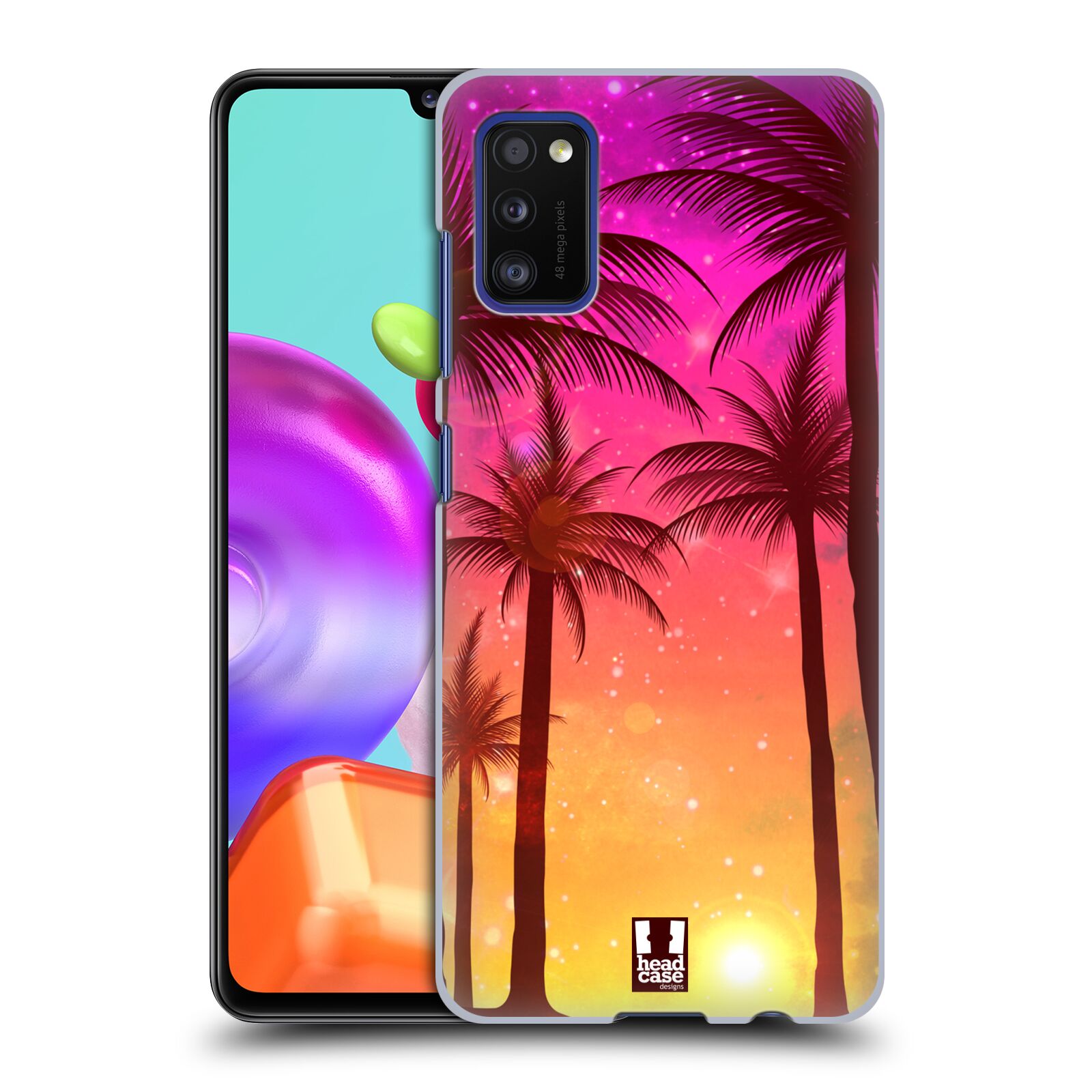 Zadní kryt na mobil Samsung Galaxy A41 vzor Kreslený motiv silueta moře a palmy RŮŽOVÁ