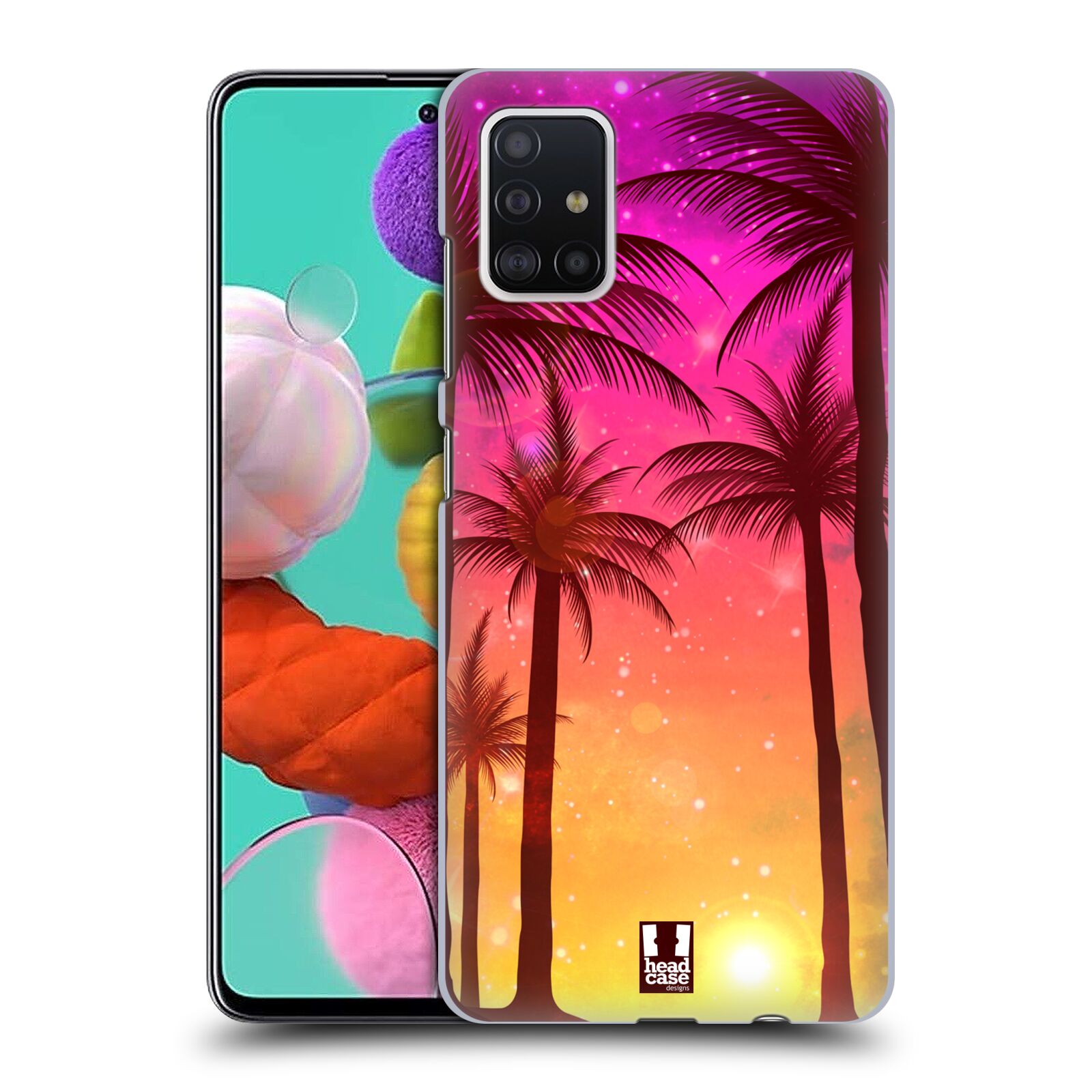 Pouzdro na mobil Samsung Galaxy A51 - HEAD CASE - vzor Kreslený motiv silueta moře a palmy RŮŽOVÁ