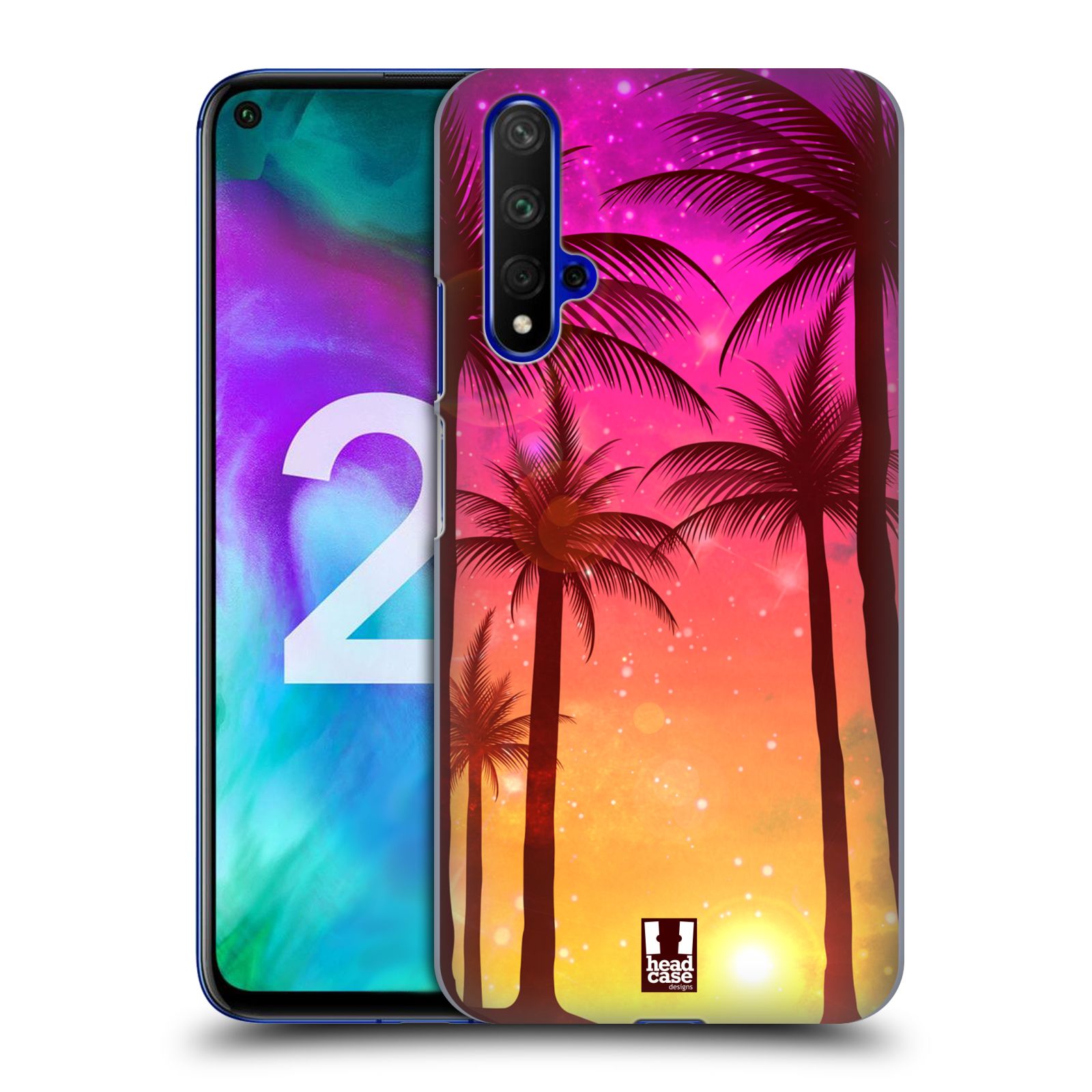 Pouzdro na mobil Honor 20 - HEAD CASE - vzor Kreslený motiv silueta moře a palmy RŮŽOVÁ