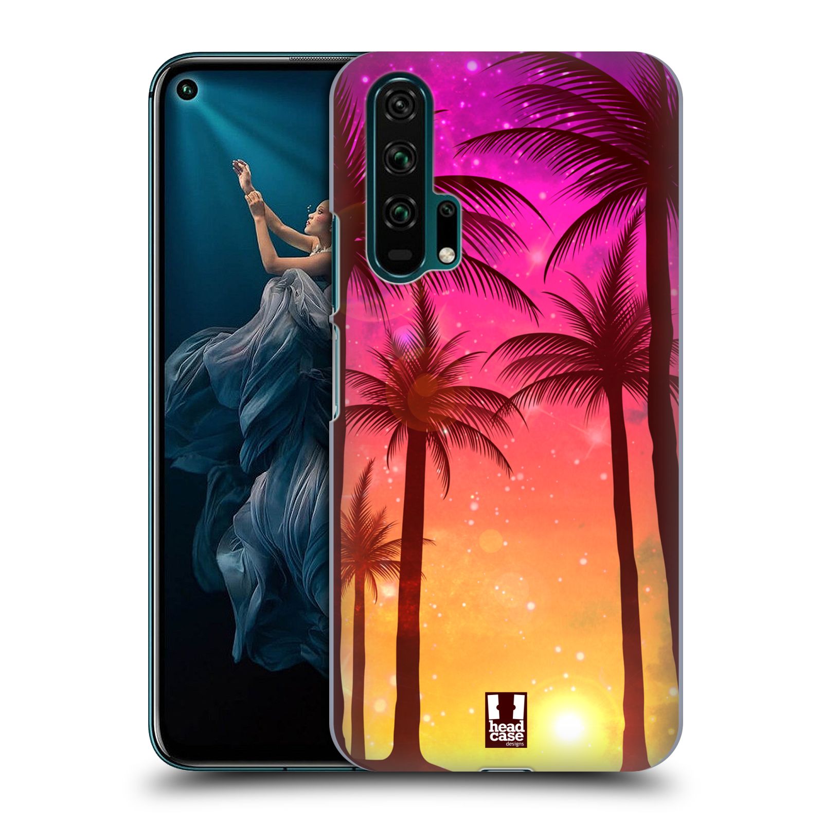 Pouzdro na mobil Honor 20 PRO - HEAD CASE - vzor Kreslený motiv silueta moře a palmy RŮŽOVÁ