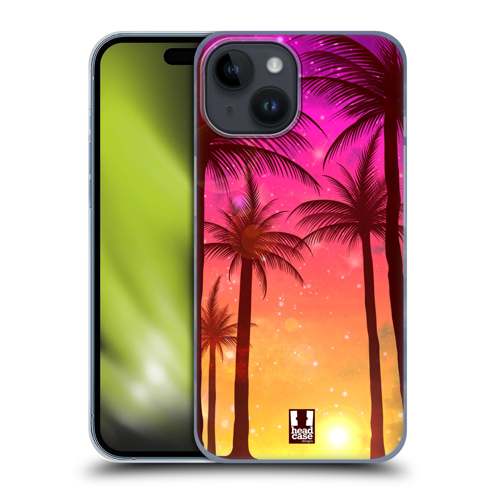 Plastový obal HEAD CASE na mobil Apple Iphone 15 vzor Kreslený motiv silueta moře a palmy RŮŽOVÁ