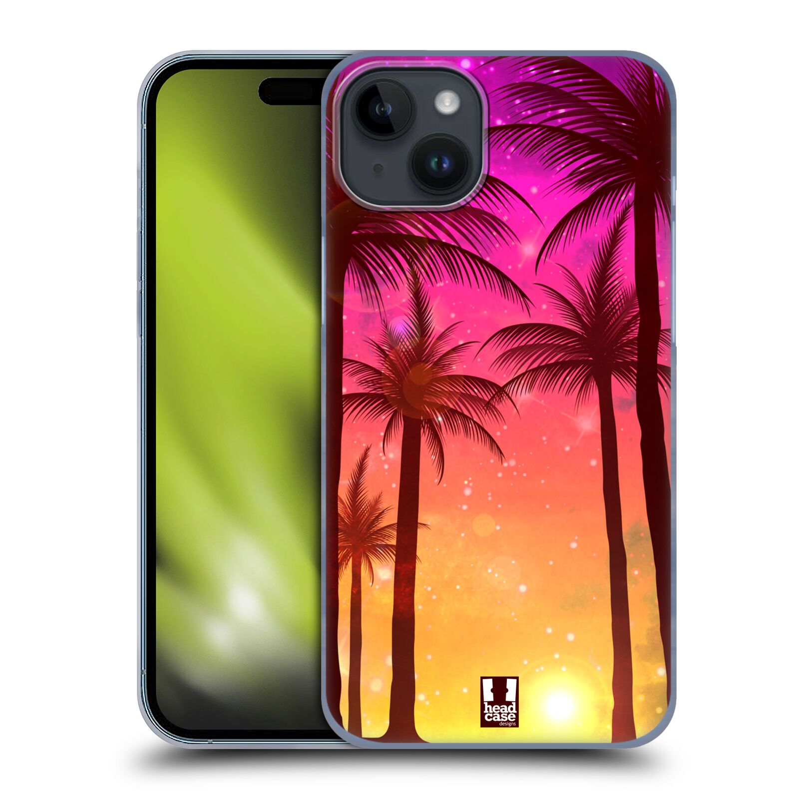 Plastový obal HEAD CASE na mobil Apple Iphone 15 PLUS vzor Kreslený motiv silueta moře a palmy RŮŽOVÁ