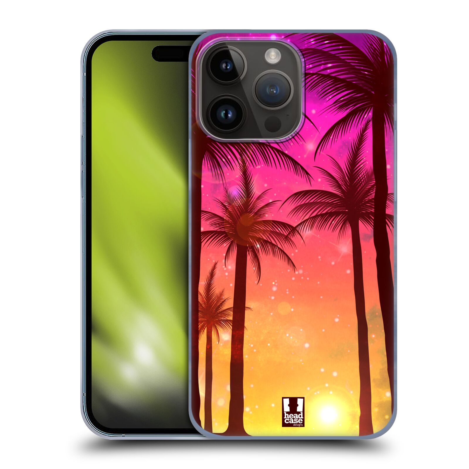 Plastový obal HEAD CASE na mobil Apple Iphone 15 PRO MAX vzor Kreslený motiv silueta moře a palmy RŮŽOVÁ