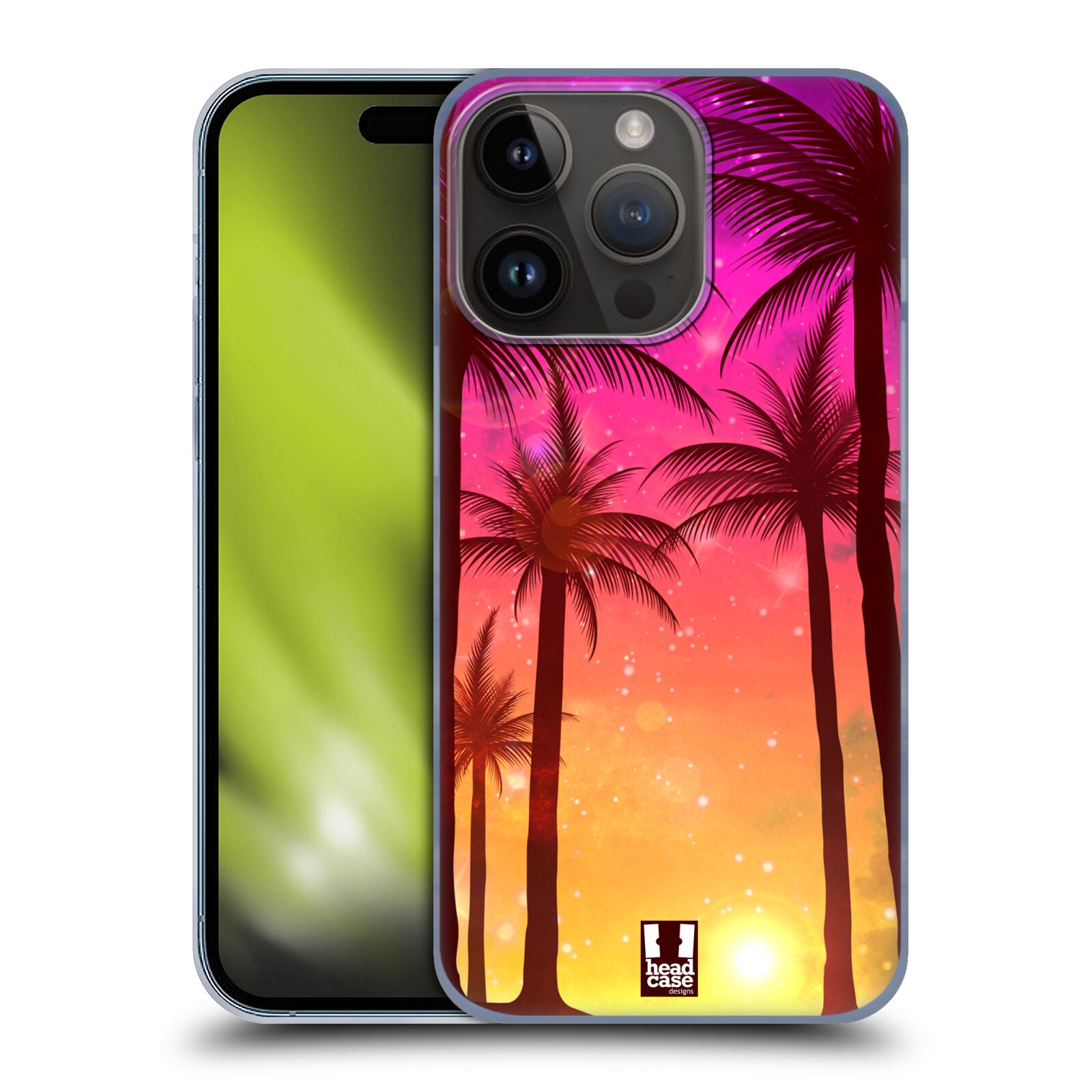 Plastový obal HEAD CASE na mobil Apple Iphone 15 Pro vzor Kreslený motiv silueta moře a palmy RŮŽOVÁ