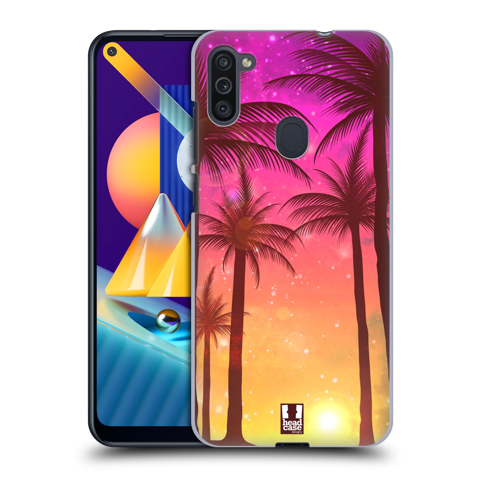 Plastový obal HEAD CASE na mobil Samsung Galaxy M11 vzor Kreslený motiv silueta moře a palmy RŮŽOVÁ