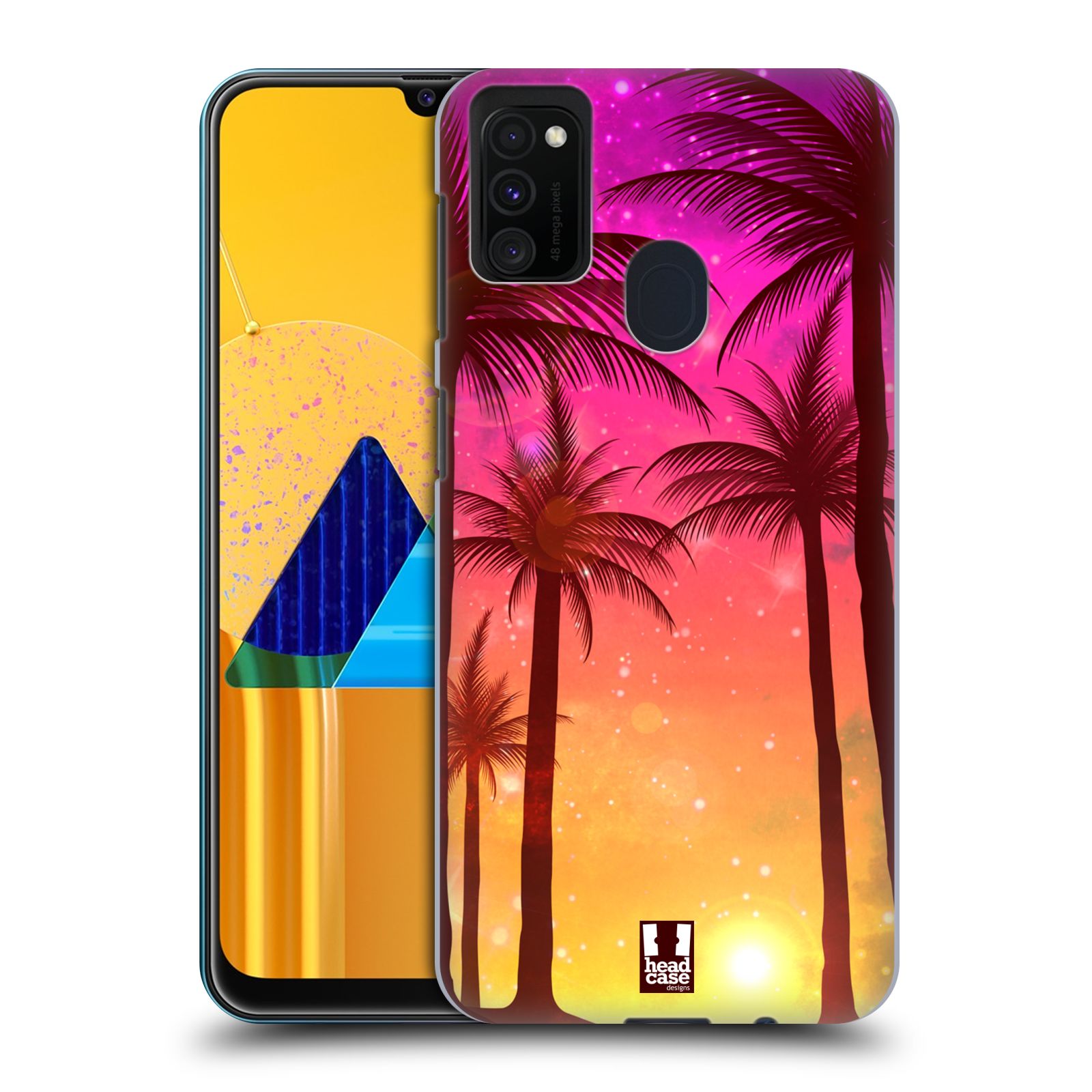 Zadní kryt na mobil Samsung Galaxy M21 vzor Kreslený motiv silueta moře a palmy RŮŽOVÁ