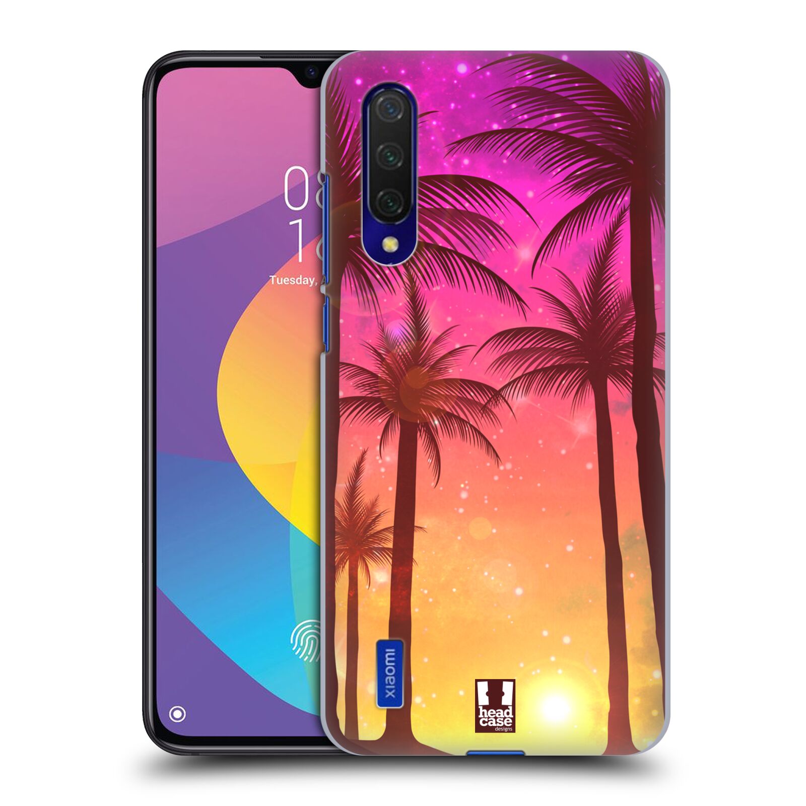 Zadní kryt na mobil Xiaomi MI 9 LITE vzor Kreslený motiv silueta moře a palmy RŮŽOVÁ
