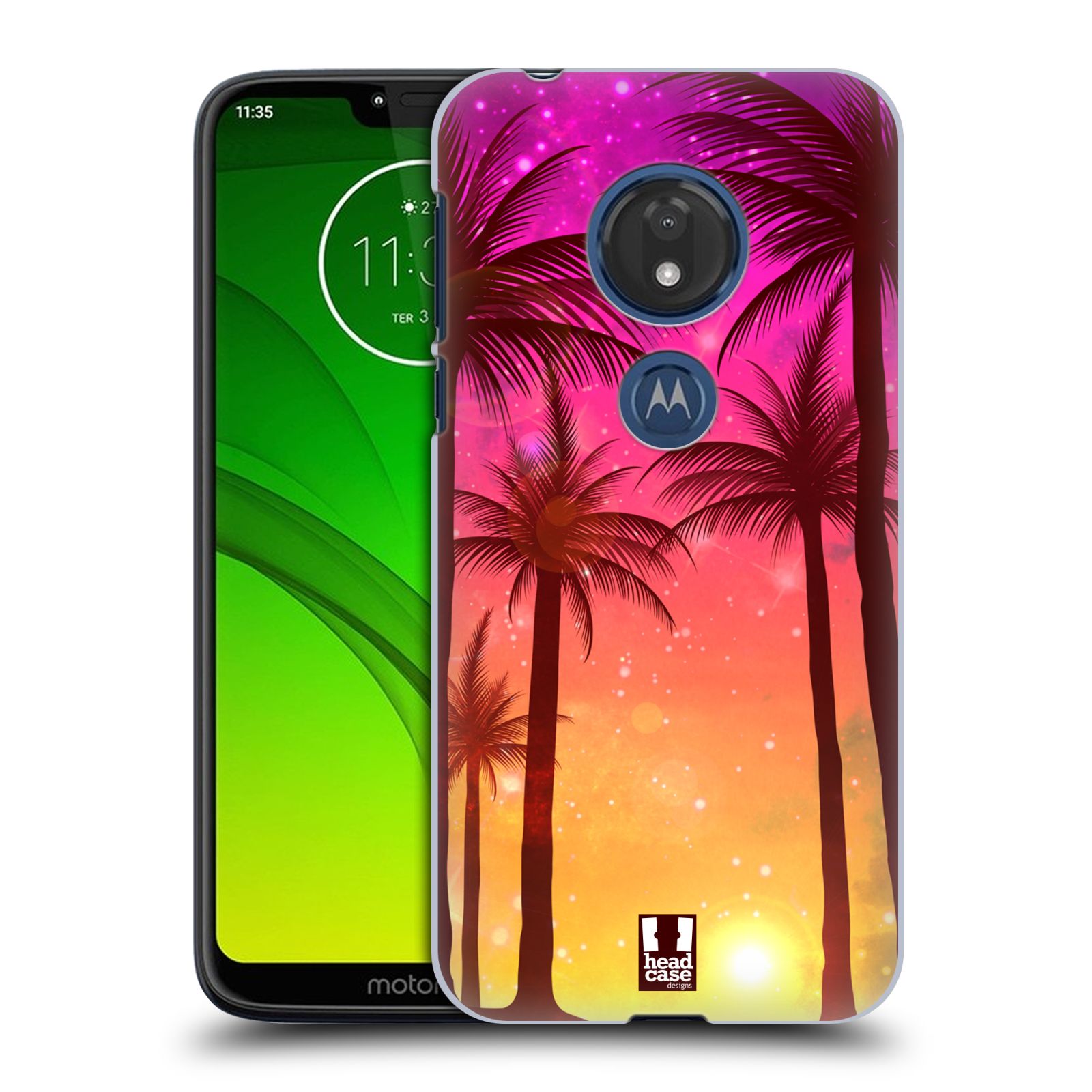 Pouzdro na mobil Motorola Moto G7 Play vzor Kreslený motiv silueta moře a palmy RŮŽOVÁ