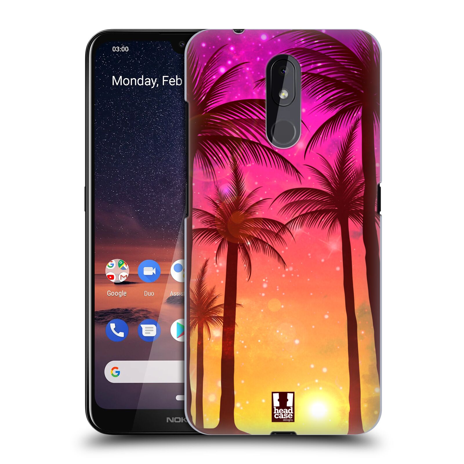 Pouzdro na mobil Nokia 3.2 - HEAD CASE - vzor Kreslený motiv silueta moře a palmy RŮŽOVÁ