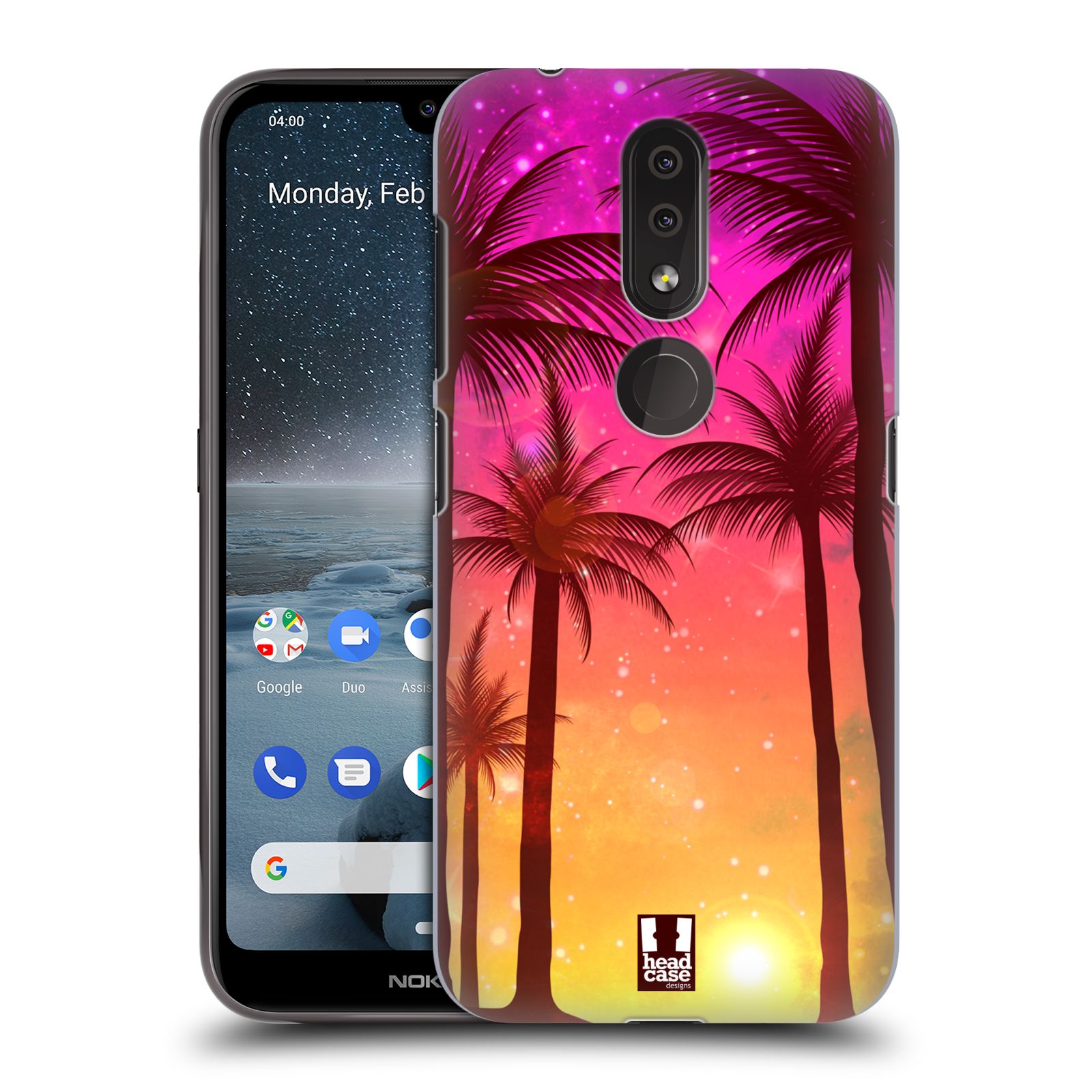 Pouzdro na mobil Nokia 4.2 - HEAD CASE - vzor Kreslený motiv silueta moře a palmy RŮŽOVÁ